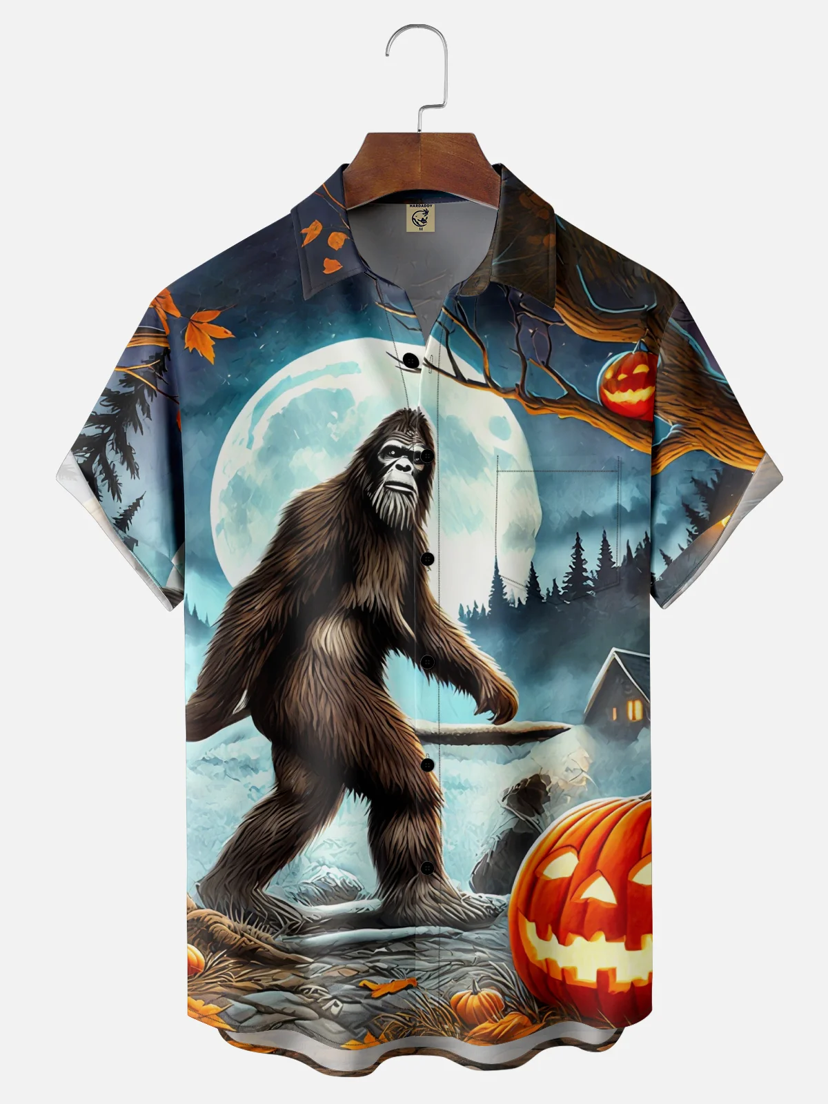 Moisture-Wicking Halloween Bigfoot Pumpkin Chest Pocket Hawaiian Shirt