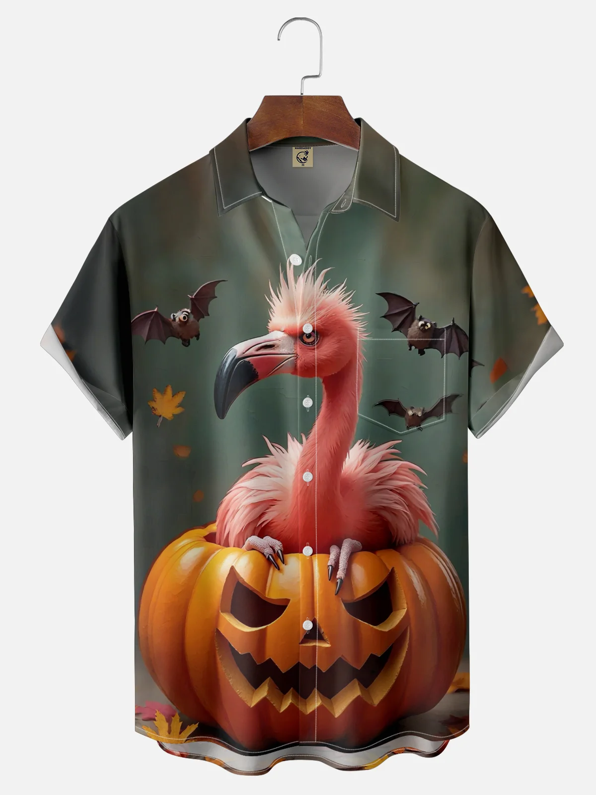 Moisture-wicking Halloween Flamingo Pumpkin Fun Chest Pocket Casual Shirt