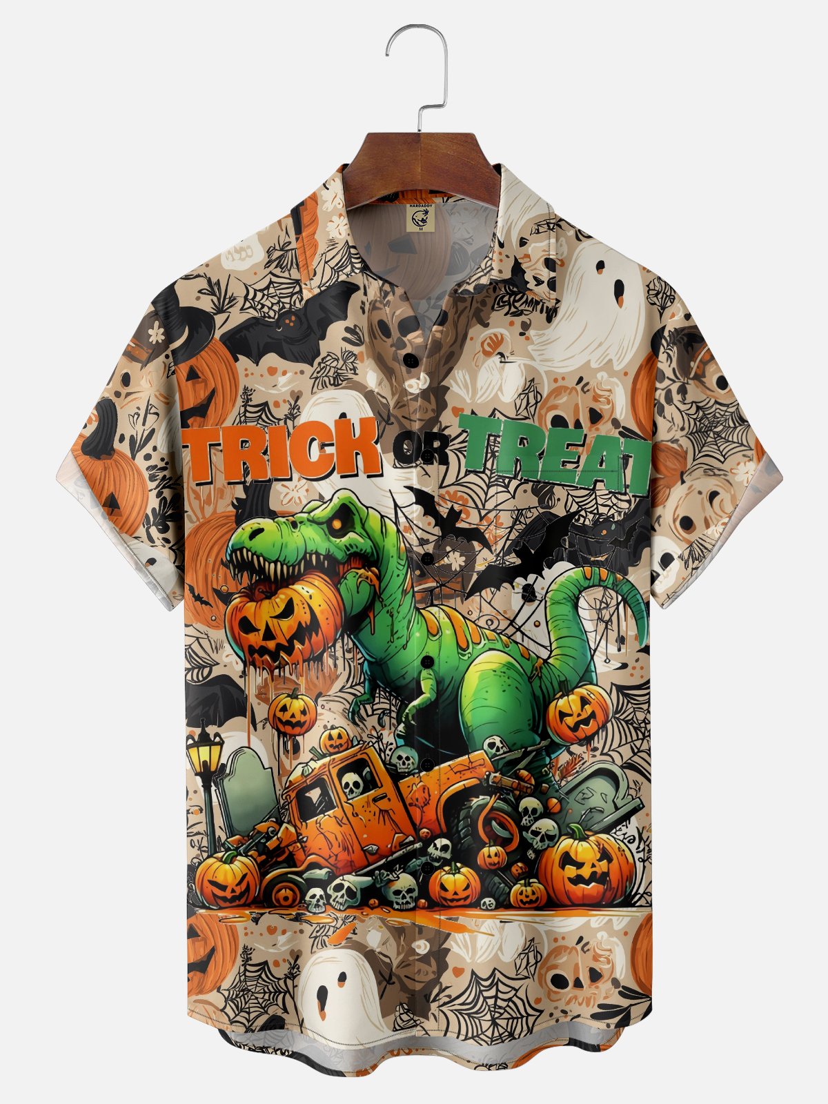 Moisture-Wicking Gradient Color Halloween Pumpkin Dinosaur Bat Spider Web Chest Pocket Hawaiian Shirt