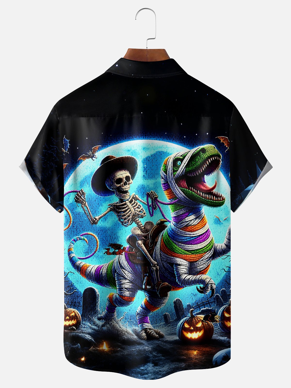 Moisture-Wicking Gradient Color Halloween Pumpkin Skeleton Riding A Dinosaur Chest Pocket Hawaiian Shirt