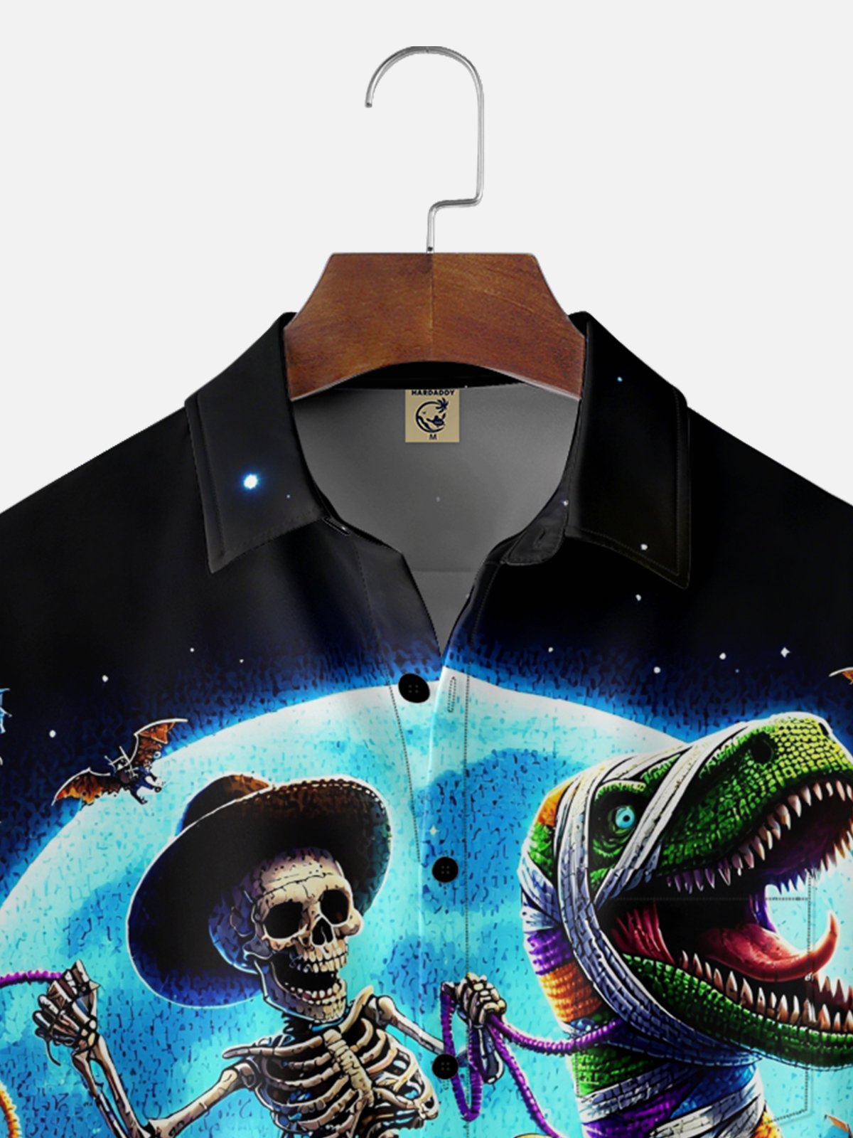 Moisture-Wicking Gradient Color Halloween Pumpkin Skeleton Riding A Dinosaur Chest Pocket Hawaiian Shirt