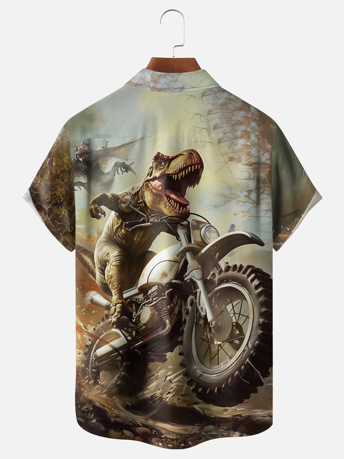 Moisture-Wicking Dinosaur Motorcycle Chest Pocket Hawaiian Shirt