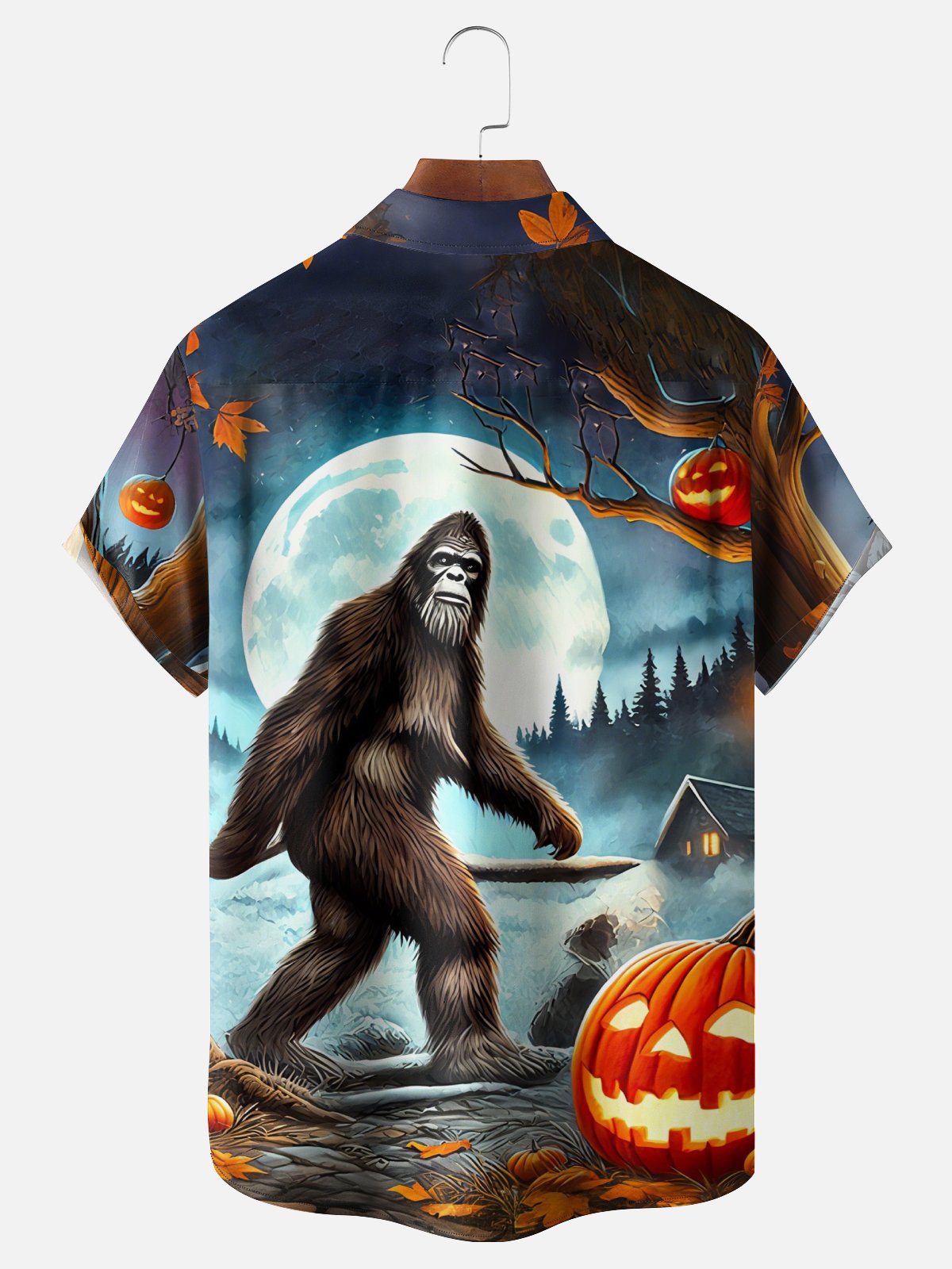 Moisture-Wicking Halloween Bigfoot Pumpkin Chest Pocket Hawaiian Shirt