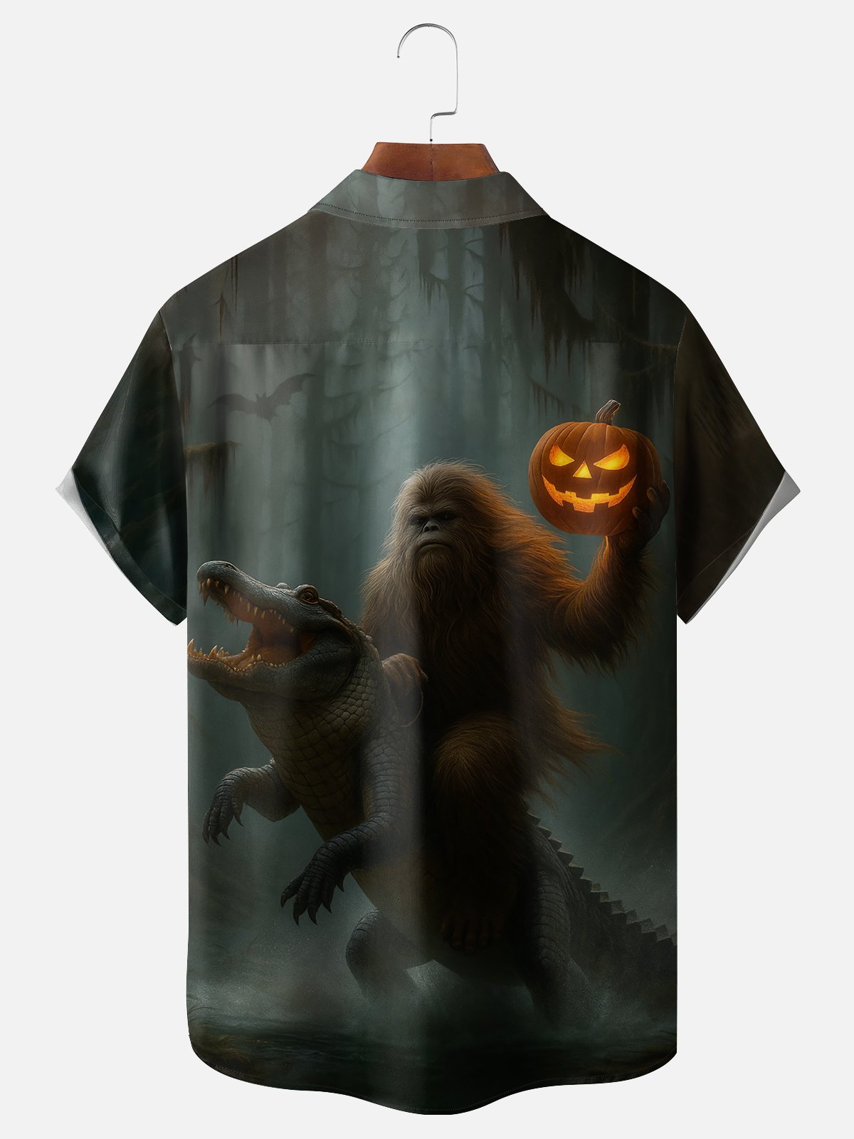 Moisture-wicking Halloween Bigfoot vs. Alligator Pumpkin Pocket Casual Shirt