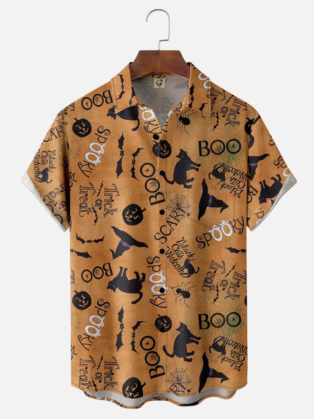 Moisture-Wicking Halloween Cat Pumpkin Spider Chest Pocket Hawaiian Shirt