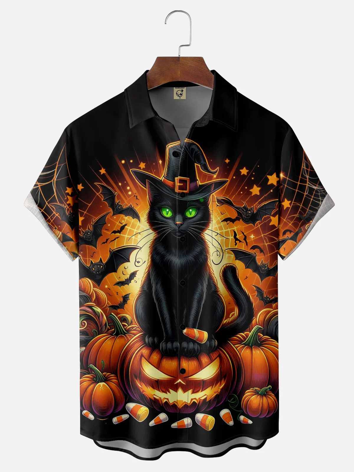 Moisture-Wicking Halloween Pumpkin Black Cat Spider Web Chest Pocket Hawaiian Shirt