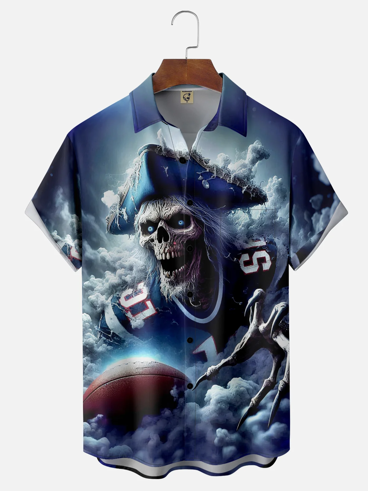 MoistureWicking Gradient Skull and Crossbones Football Chest Pocket Hawaiian Shirt