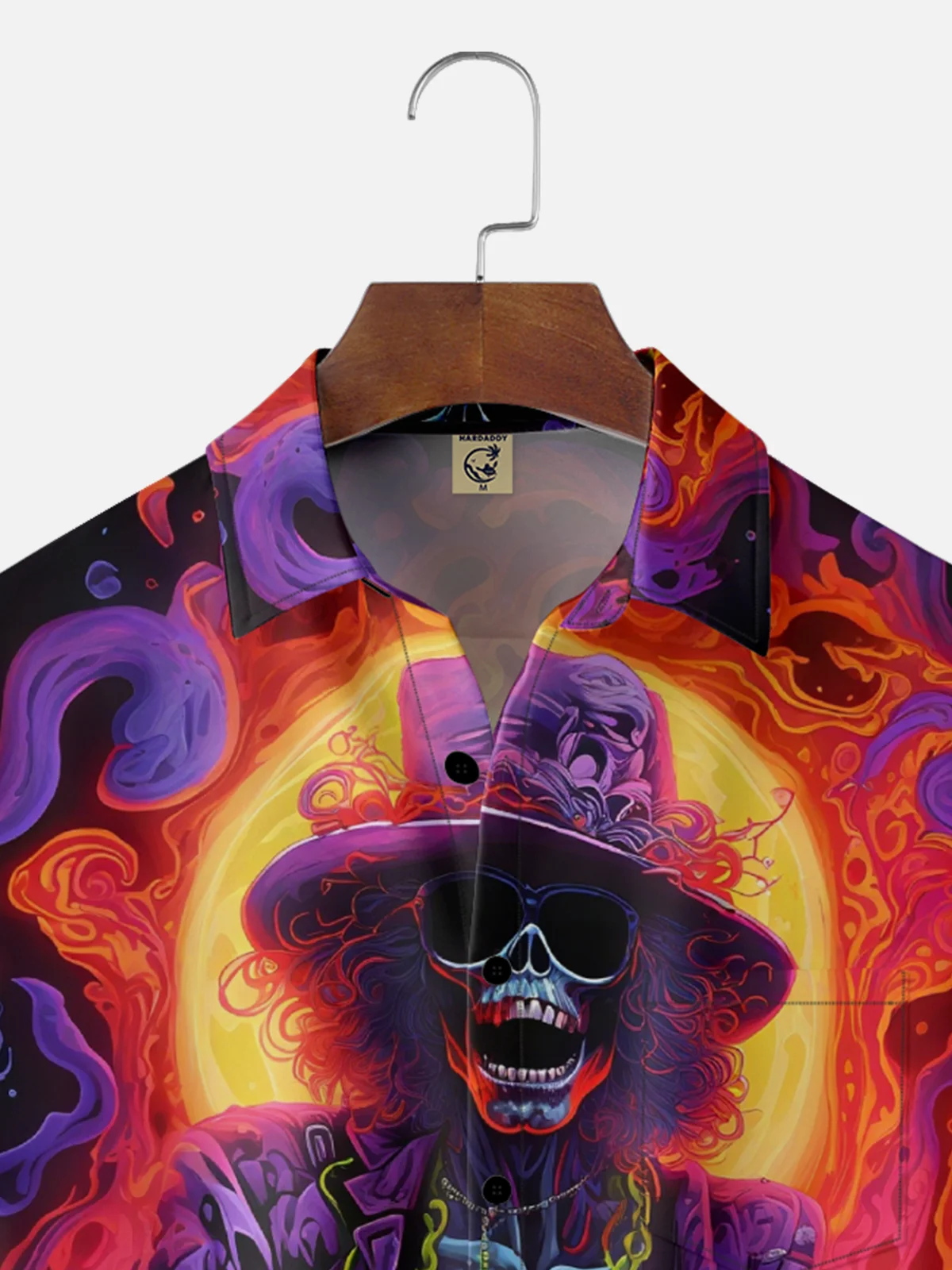 Moisture-Wicking Gradient Color Abstract Skull Playing Guitar Chest Pocket Hawaiian Shirt