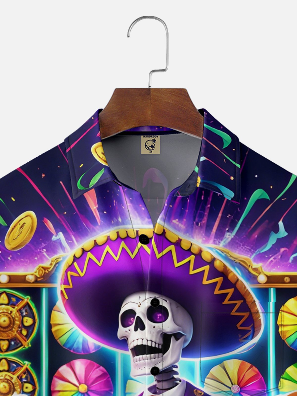 Moisture-Wicking Day Of The Dead Skull-Emblazoned Mexican Pattern Guitar Chest Pocket Hawaiian Shirt