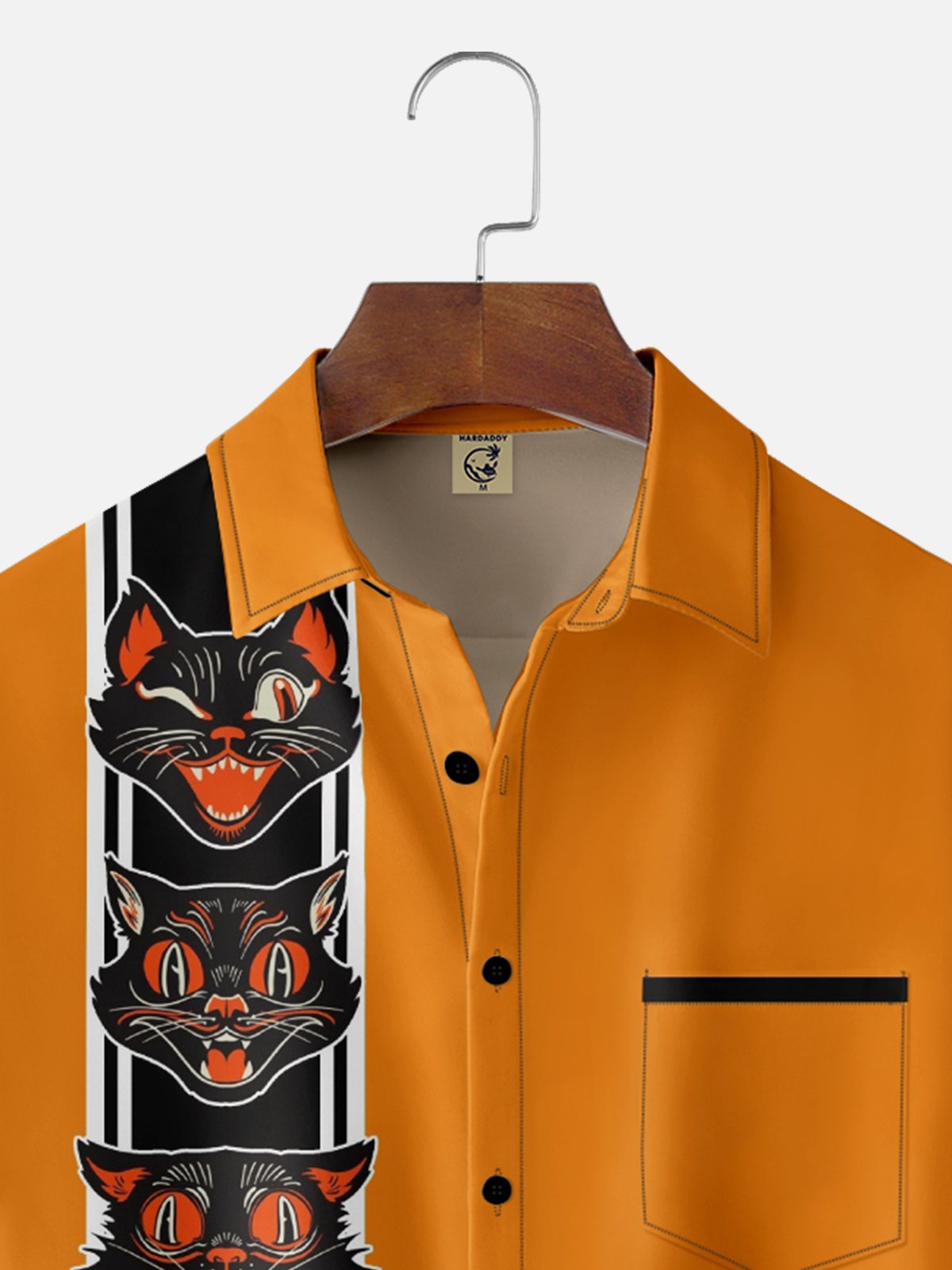 Moisture-Wicking Halloween Black Cat Geometric Chest Pocket Bowling Shirt