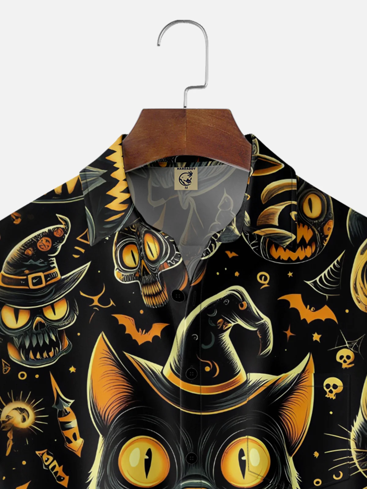Moisture-wicking Halloween Black Cat Halloween Hat Chest Pocket Hawaiian Shirt