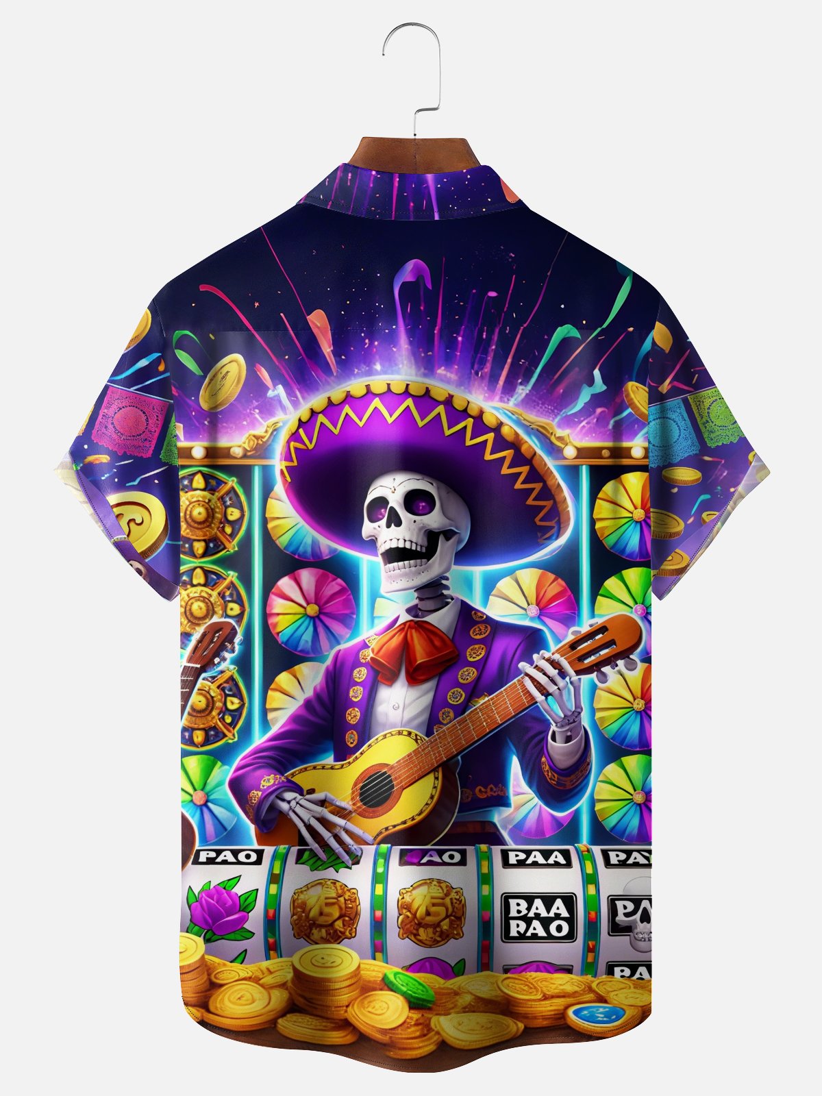Moisture-Wicking Day Of The Dead Skull-Emblazoned Mexican Pattern Guitar Chest Pocket Hawaiian Shirt