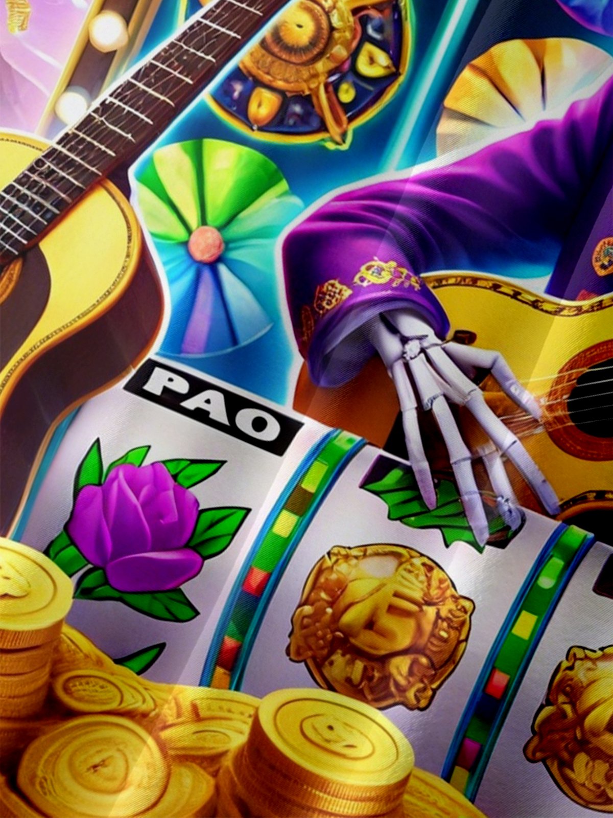 Moisture-Wicking Day Of The Dead Skull-Emblazoned Mexican Pattern Guitar Chest Pocket Hawaiian Shirt