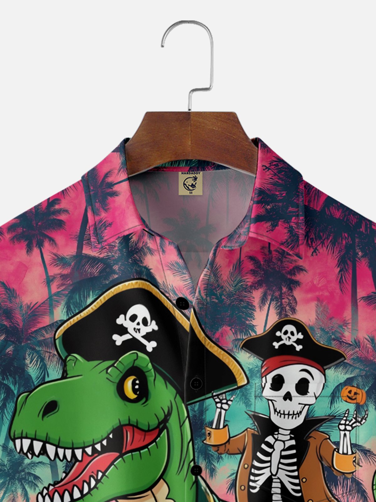 Moisture-Wicking Halloween Pirate Skeleton Dinosaur Gradient Coconut Tree Chest Pocket Hawaiian Shirt