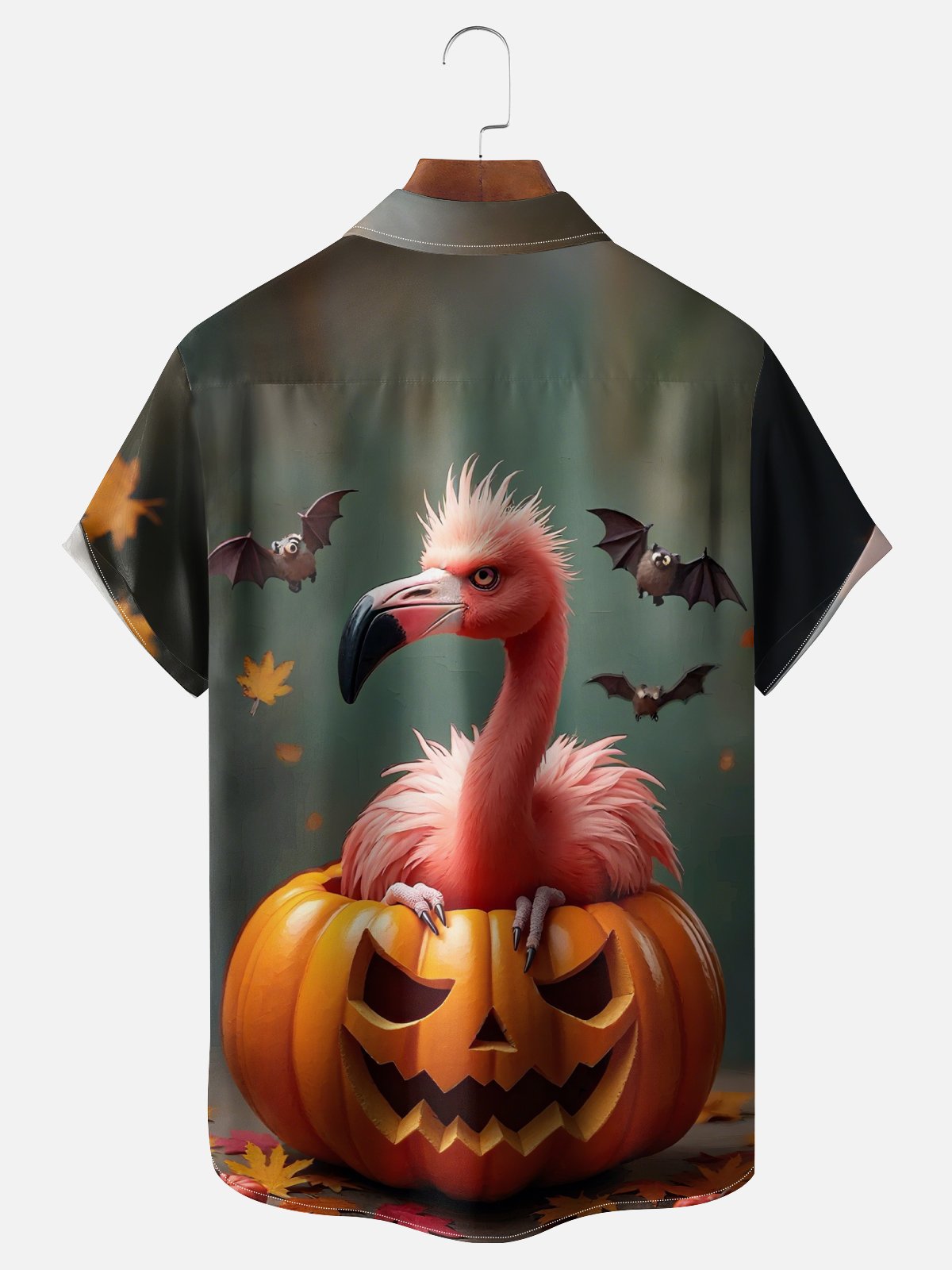 Moisture-wicking Halloween Flamingo Pumpkin Fun Chest Pocket Casual Shirt