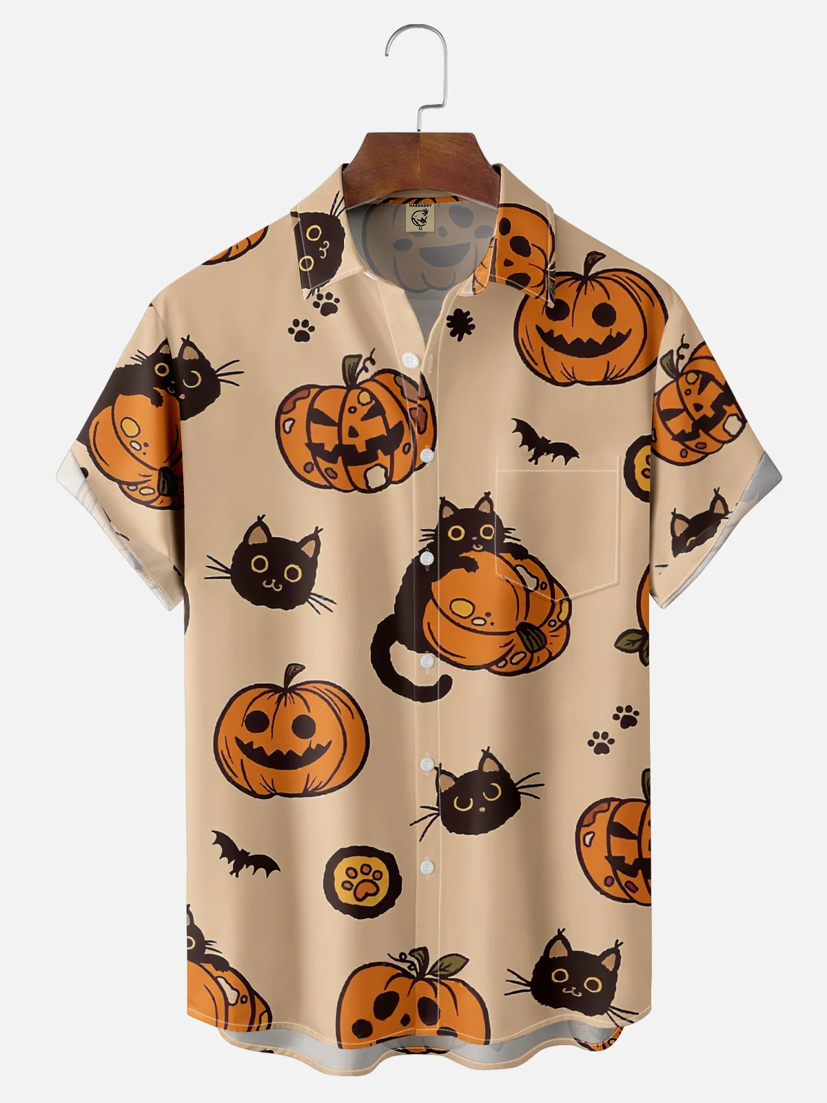 Moisture-wicking Halloween Pumpkin Cat Fun Chest Pocket Hawaiian Shirt