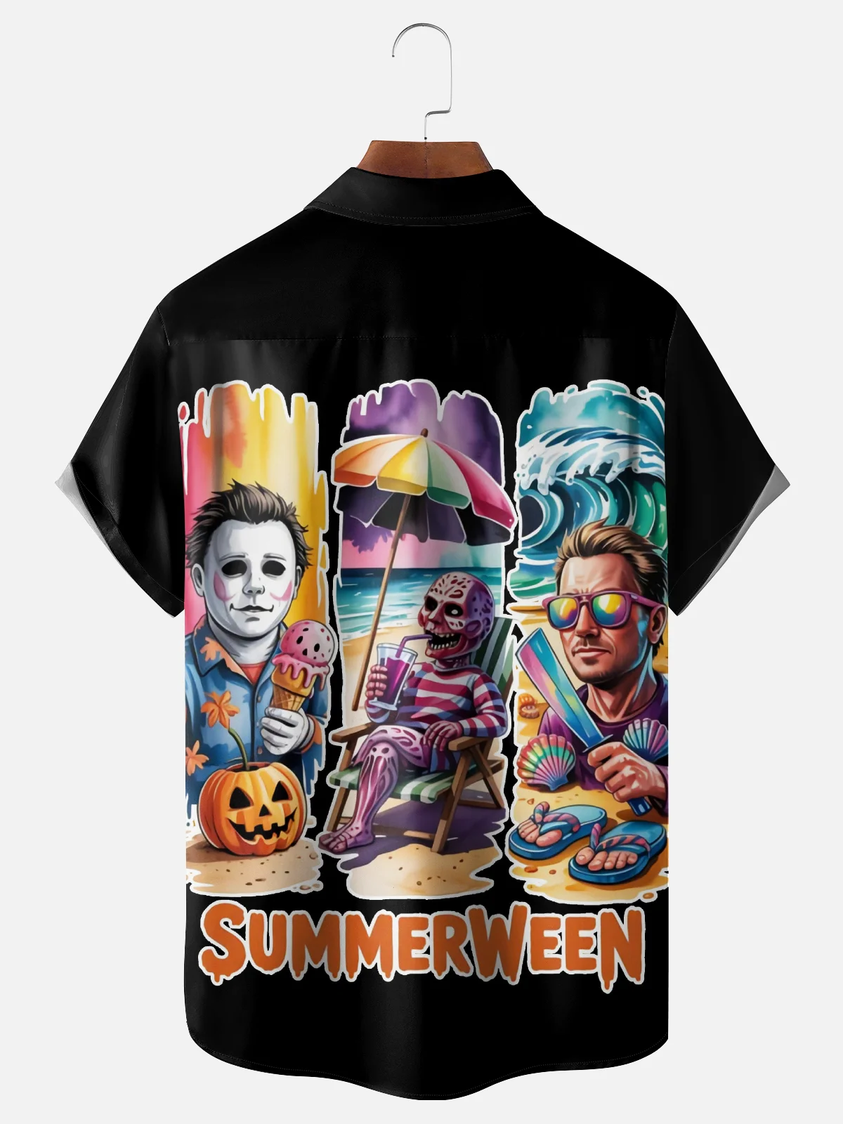 Moisture-Wicking Halloween Pumpkin Cartoon Character Chest Pocket Hawaiian Shirt