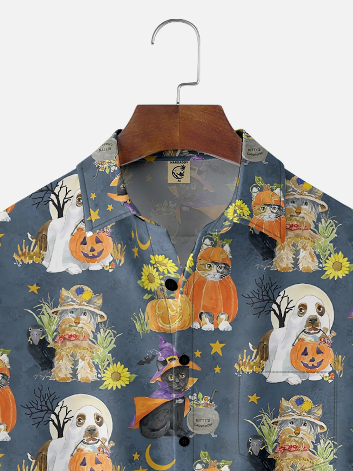 Moisture-Wicking Halloween Cat and Dog Pumpkin Chest Pocket Hawaiian Shirt