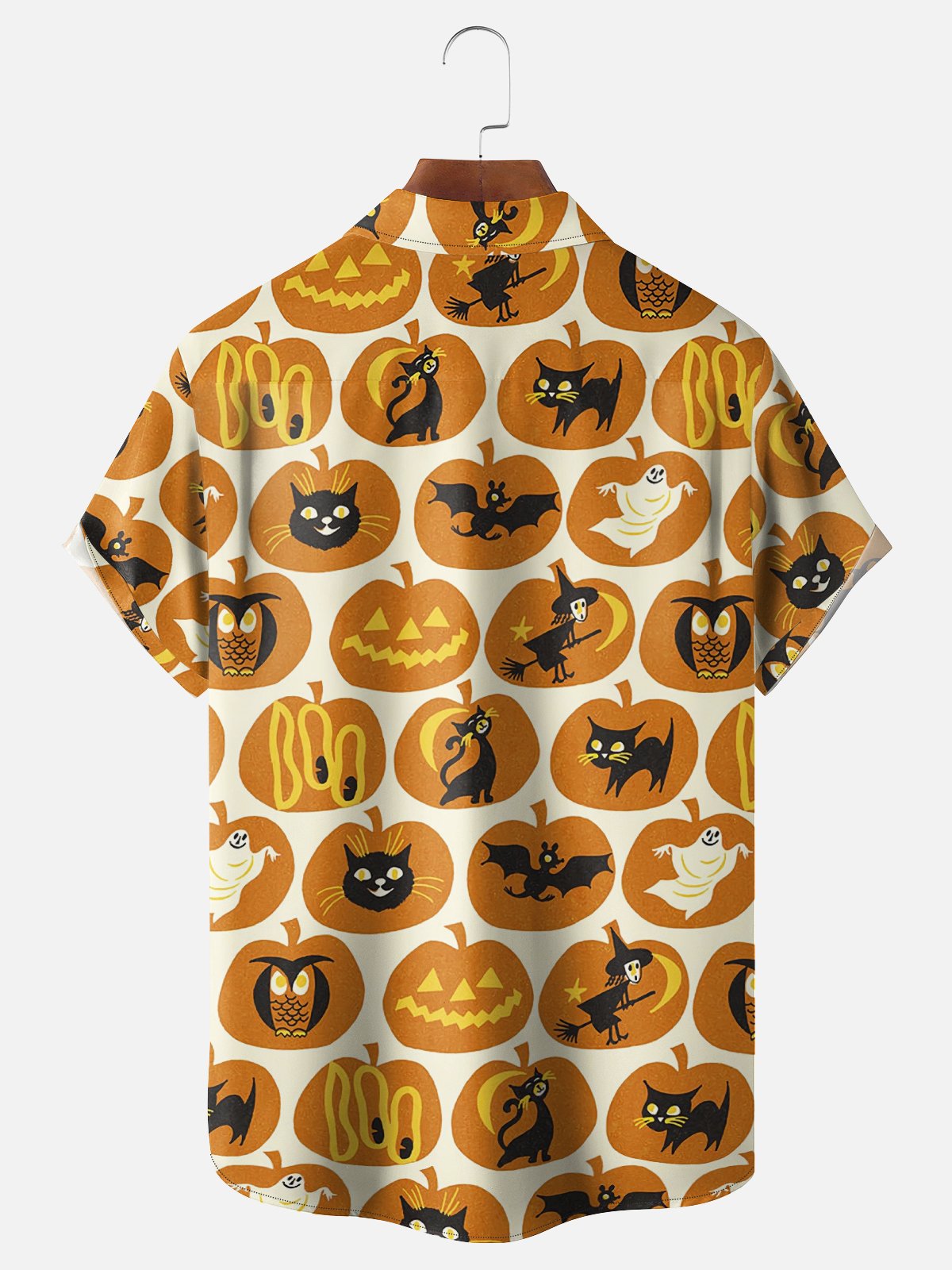 Moisture-Wicking Halloween Pumpkin Witch Cat Chest Pocket Hawaiian Shirt