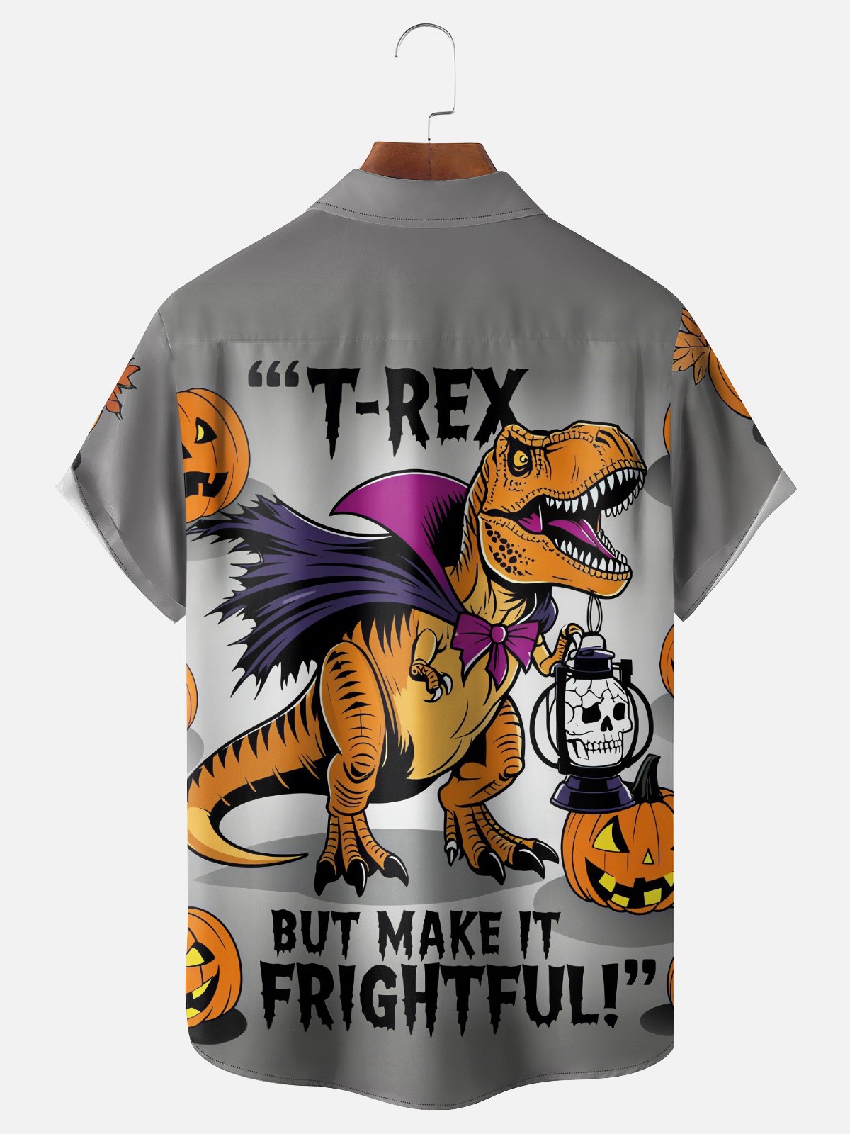 Moisture-Wicking Gradient Halloween Pumpkin Dinosaur Chest Pocket Hawaiian Shirt