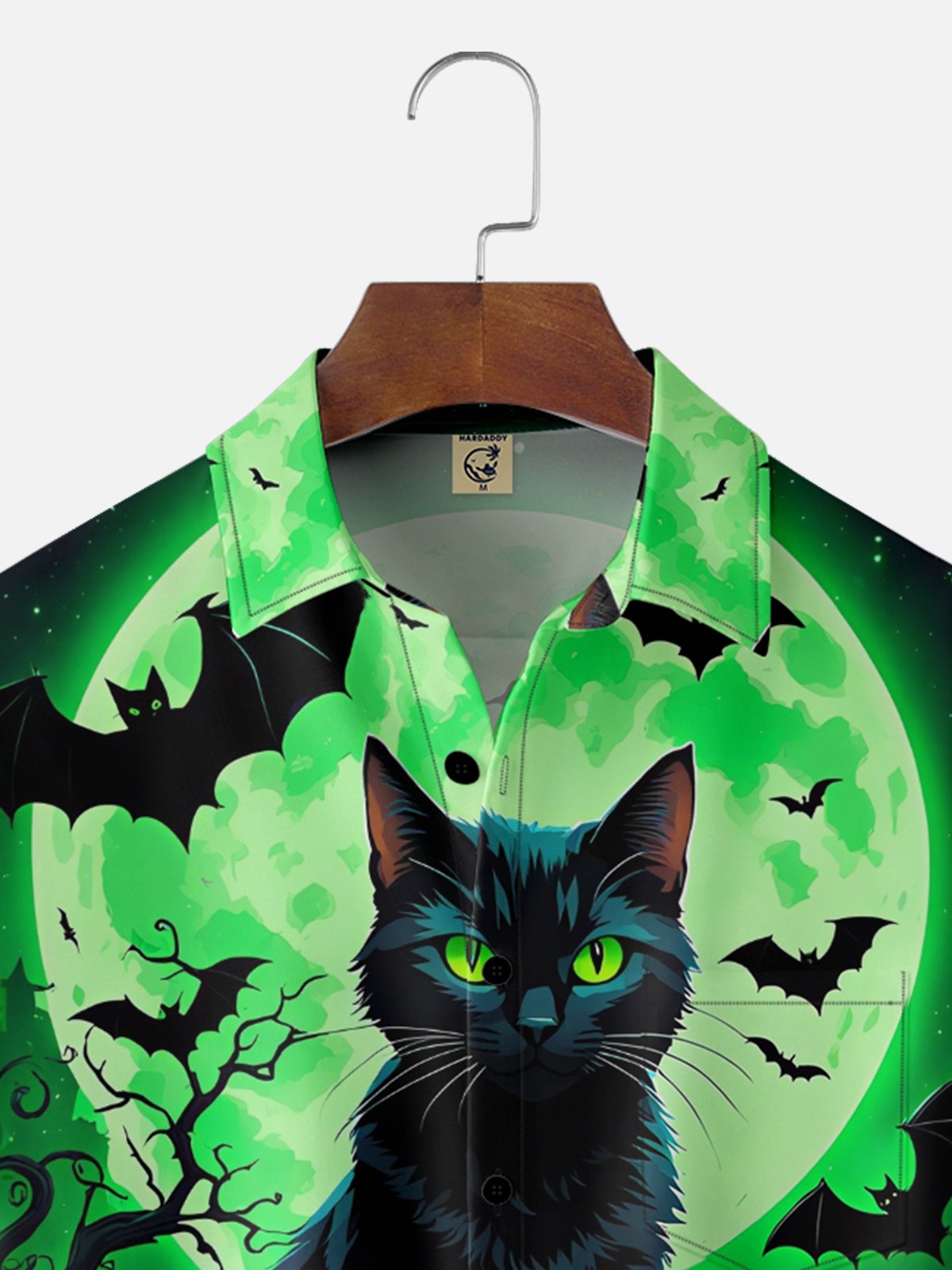 Moisture-Wicking Gradient Halloween Black Cat Pumpkin Bat Chest Pocket Hawaiian Shirt