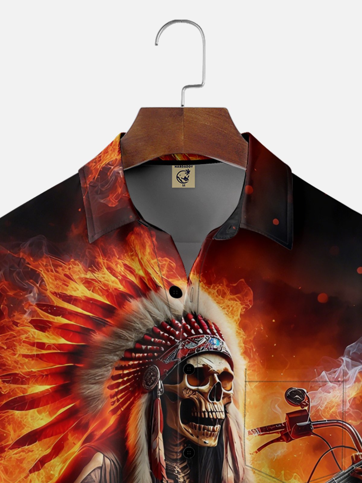 Moisture-Wicking Rock Skeleton Chief Guitar Gradient Flame Chest Pocket Hawaiian Shirt