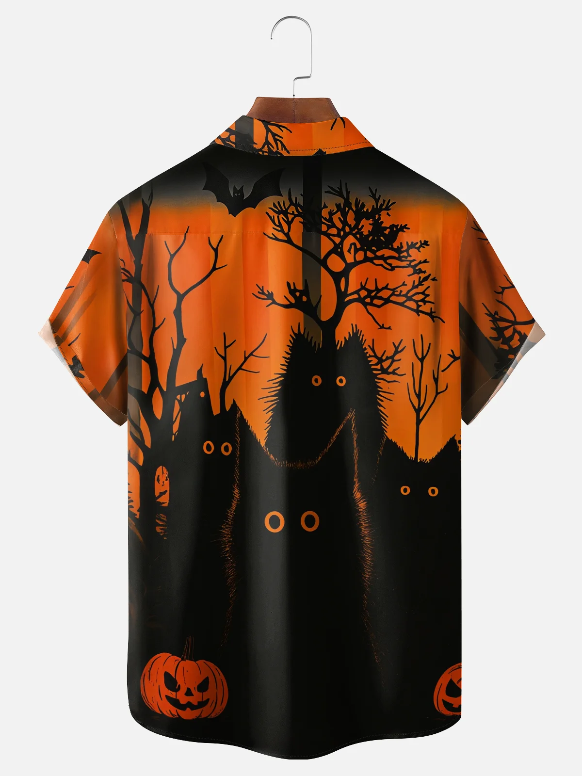 Moisture-Wicking Halloween Pumpkin Black Cat Chest Pocket Hawaiian Shirt