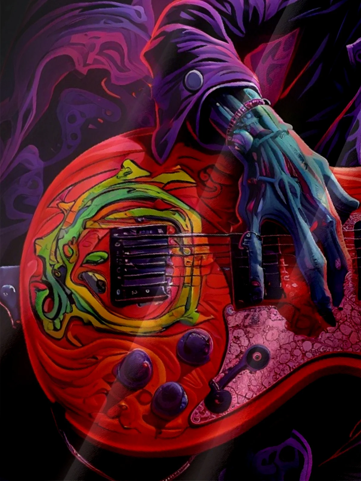 Moisture-Wicking Gradient Color Abstract Skull Playing Guitar Chest Pocket Hawaiian Shirt