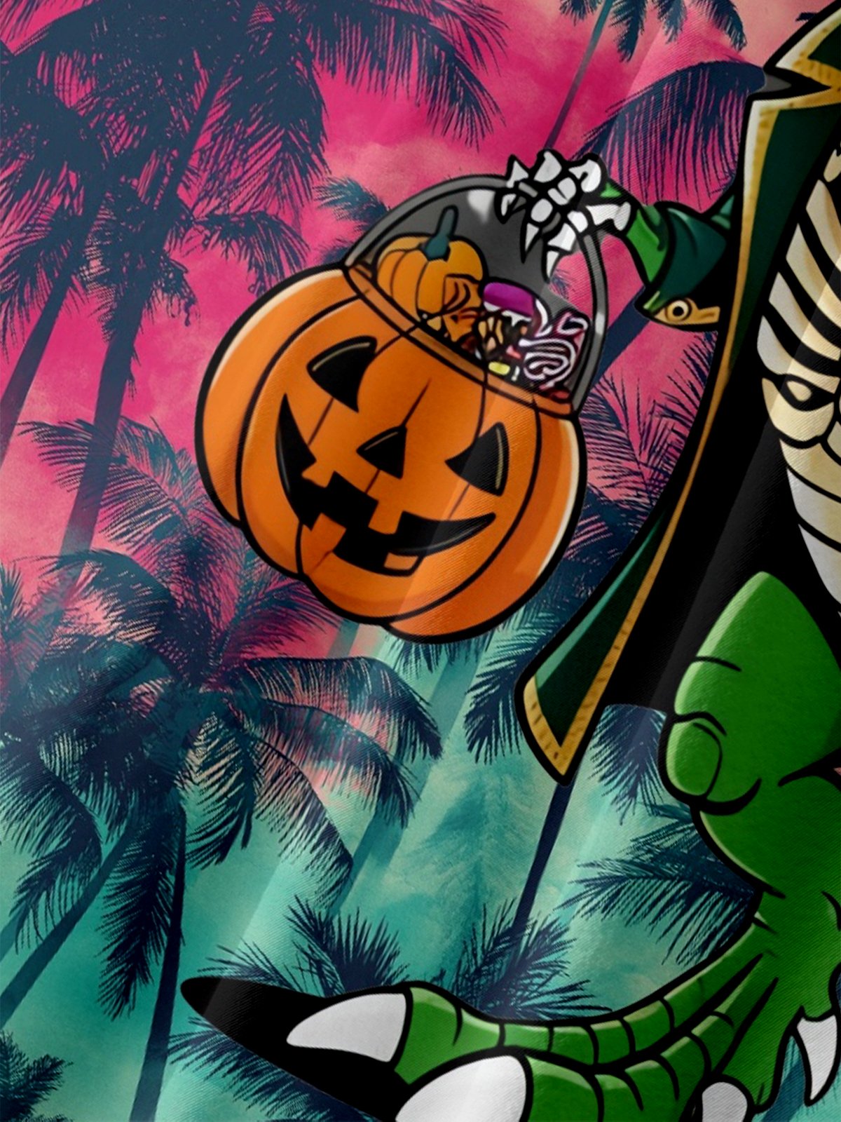 Moisture-Wicking Halloween Pirate Skeleton Dinosaur Gradient Coconut Tree Chest Pocket Hawaiian Shirt