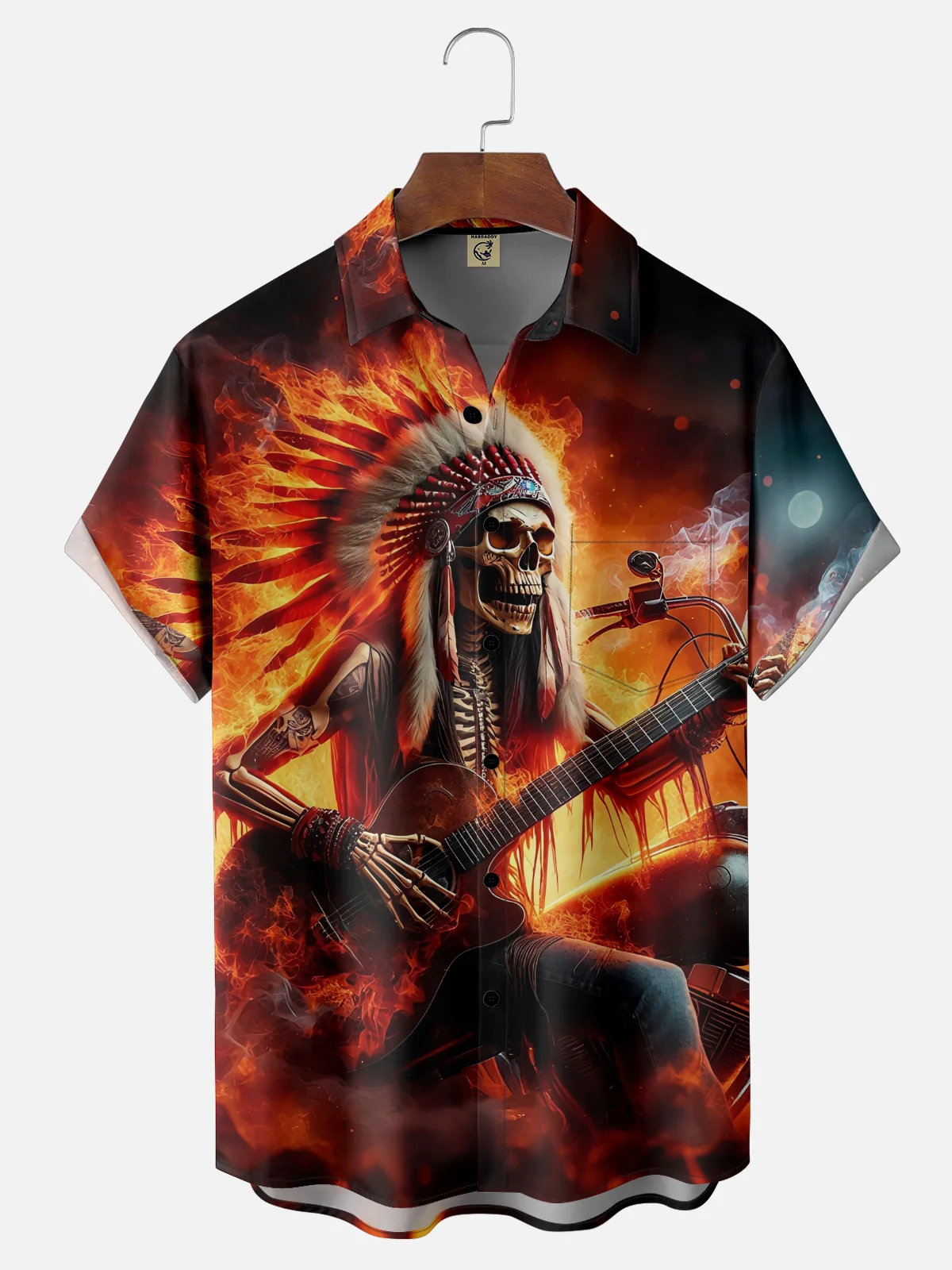 Moisture-Wicking Rock Skeleton Chief Guitar Gradient Flame Chest Pocket Hawaiian Shirt