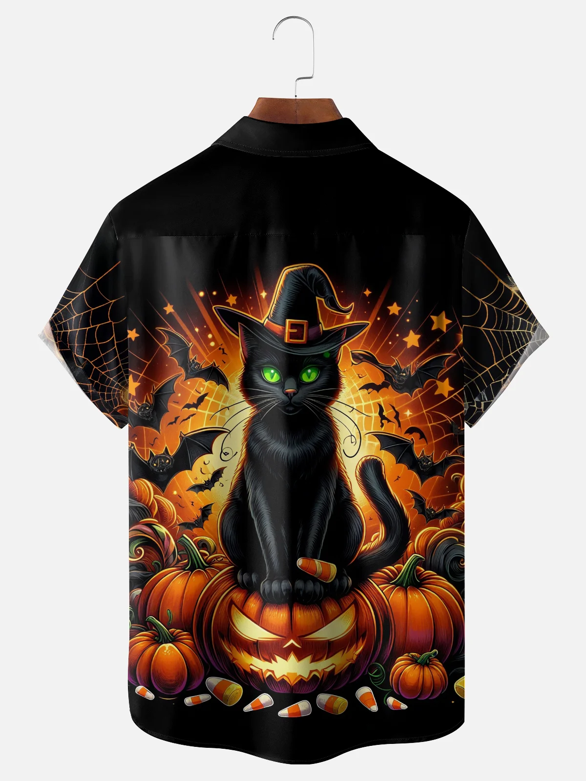 Moisture-Wicking Halloween Pumpkin Black Cat Spider Web Chest Pocket Hawaiian Shirt