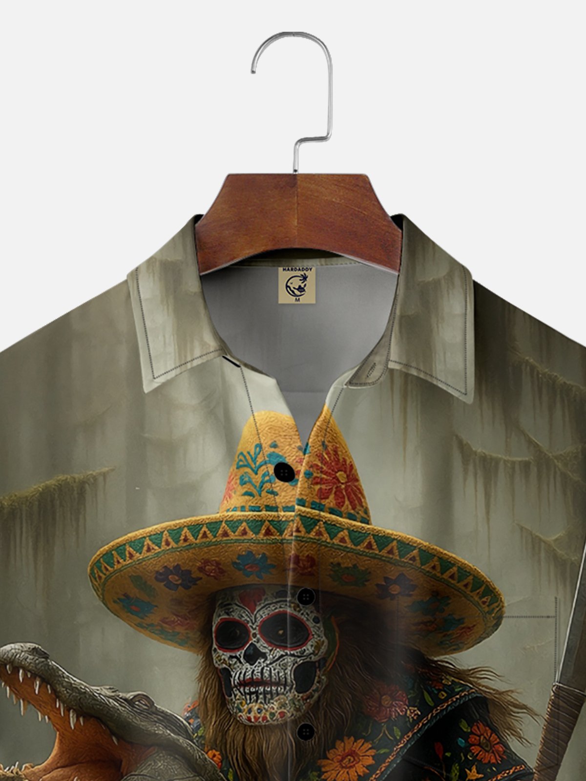 Moisture-wicking Day of the Dead Bigfoot vs. Alligator Fun Chest Pocket Hawaiian Shirt