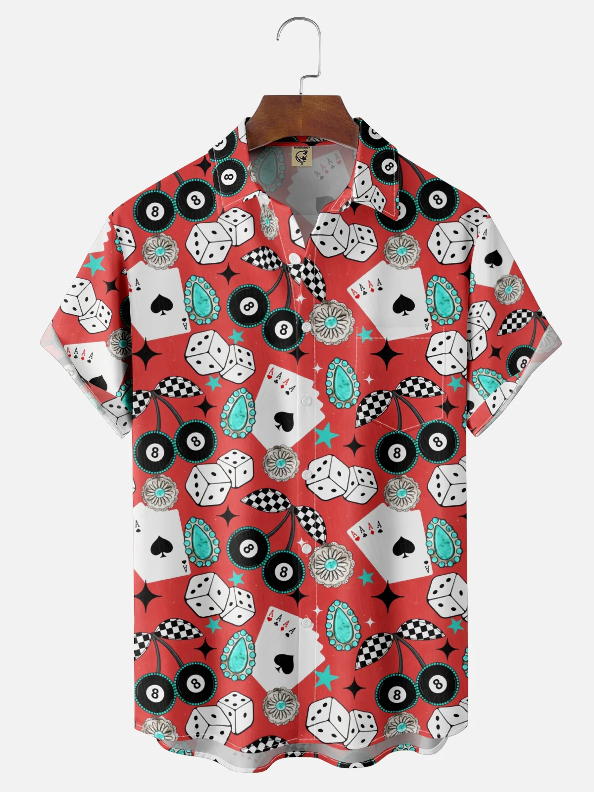 Moisture-wicking Billiards Cherries Dice Playing Cards Chest Pocket Hawaiian Shirt