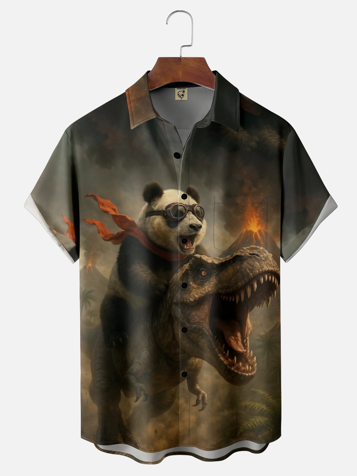 Moisture-wicking Panda Dinosaur Volcano Chest Pocket Casual Shirt