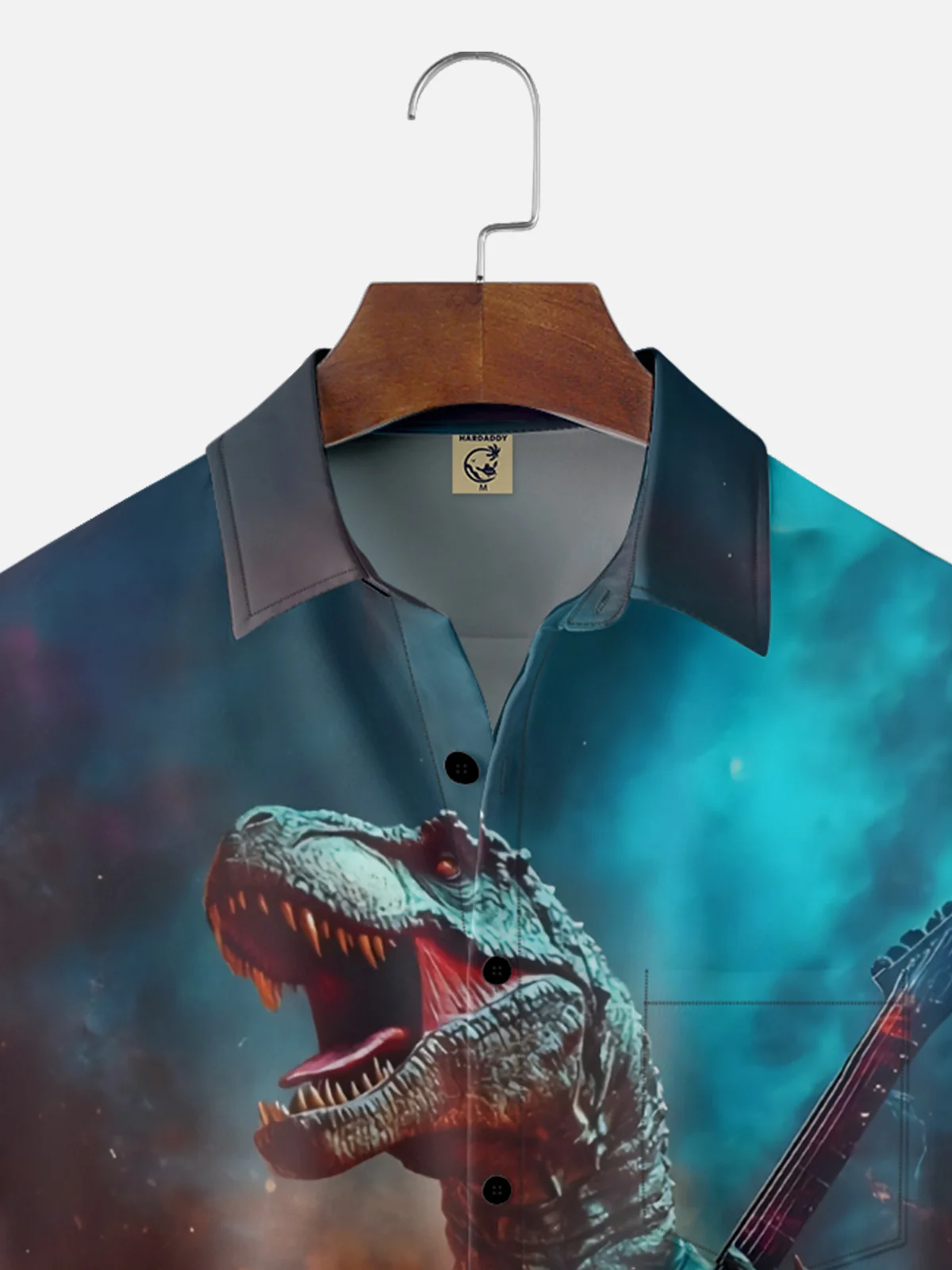 Moisture-wicking Dinosaur Guitar Music Gradient Color Chest Pocket Casual Shirt