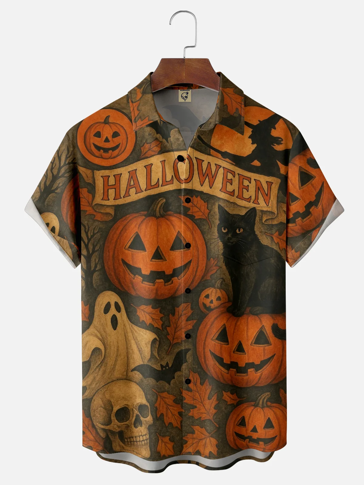 Moisture-wicking Halloween Pumpkin Cat Ghost Chest Pocket Casual Shirt