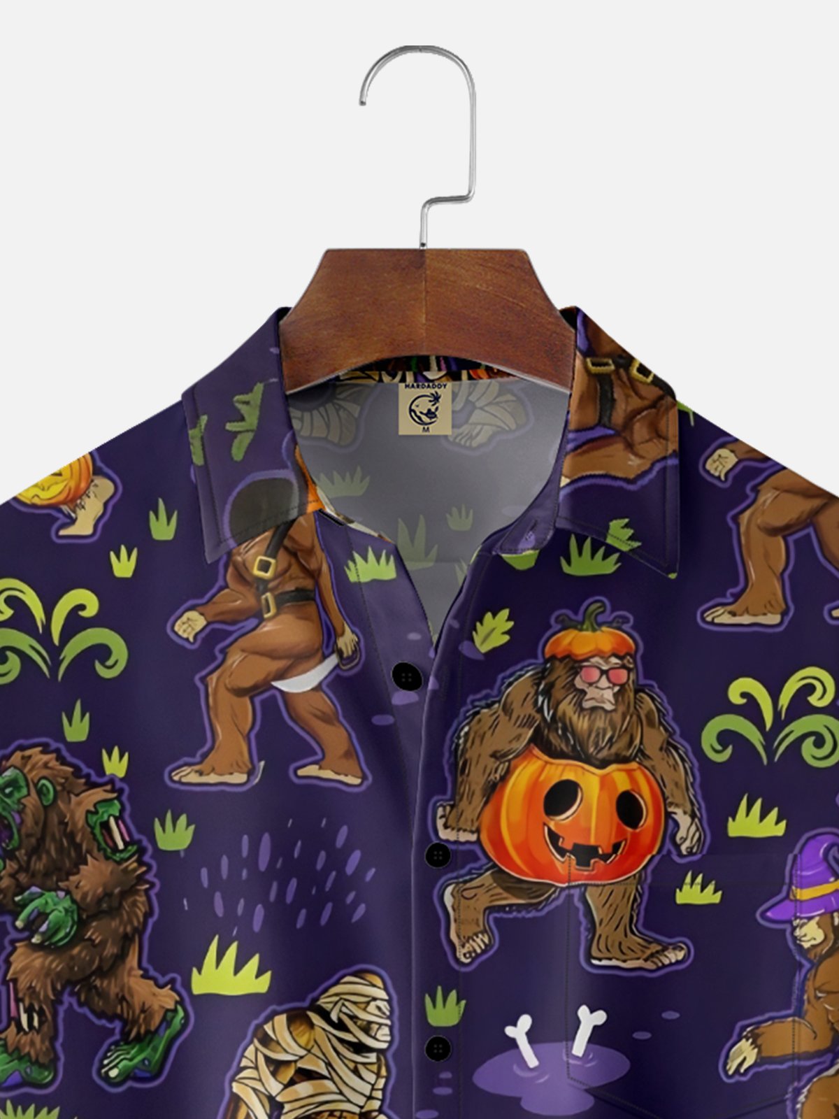 Moisture-wicking Halloween Bigfoot Pumpkin Chest Pocket Casual Shirt