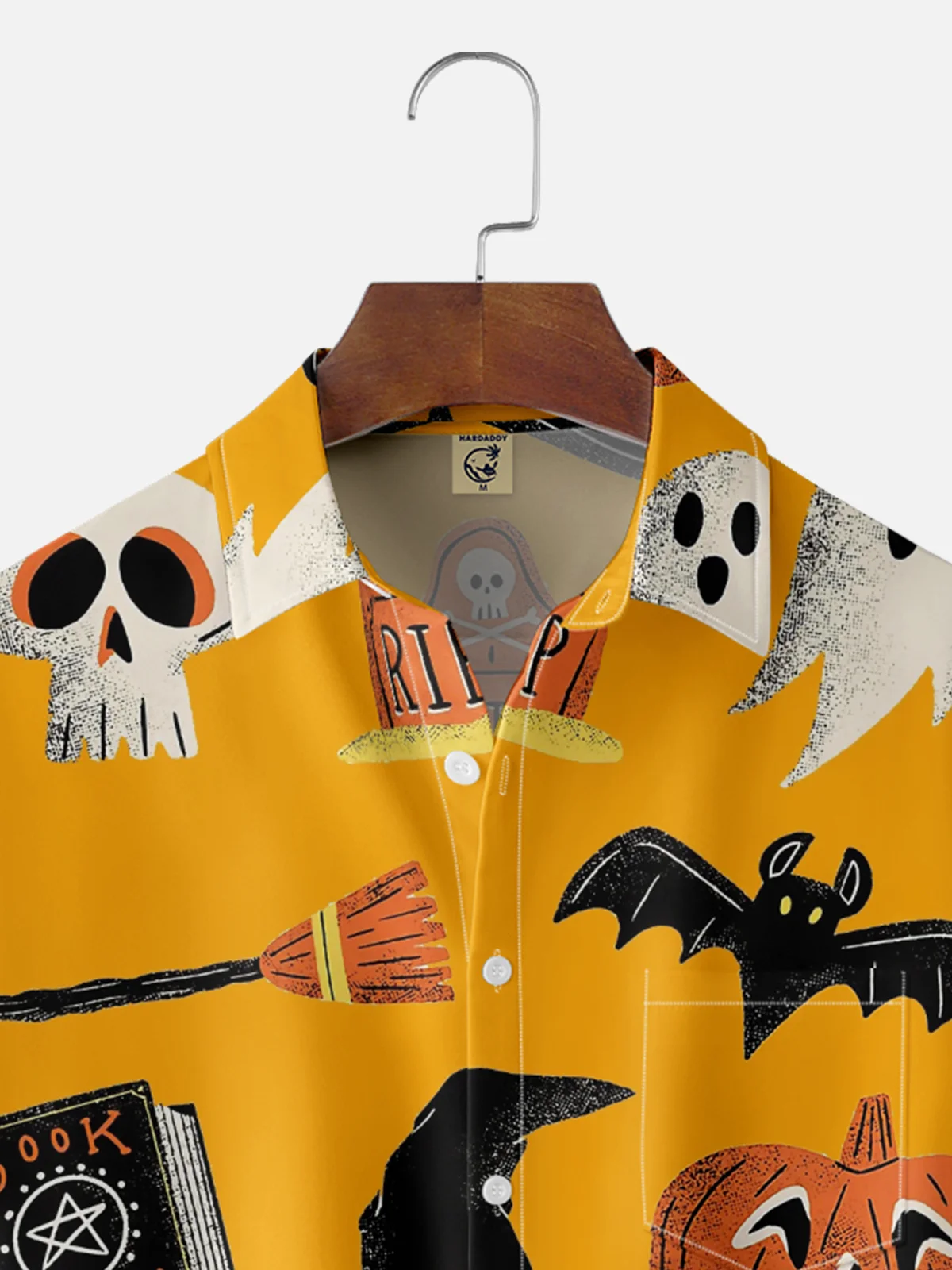 Moisture-Wicking Halloween Hat Pumpkin Skull Chest Pocket Hawaiian Shirt