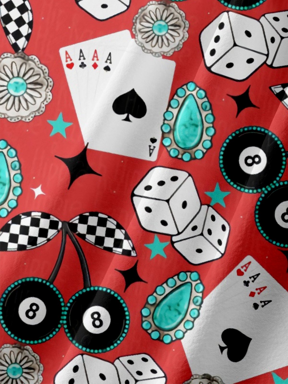 Moisture-wicking Billiards Cherries Dice Playing Cards Chest Pocket Hawaiian Shirt