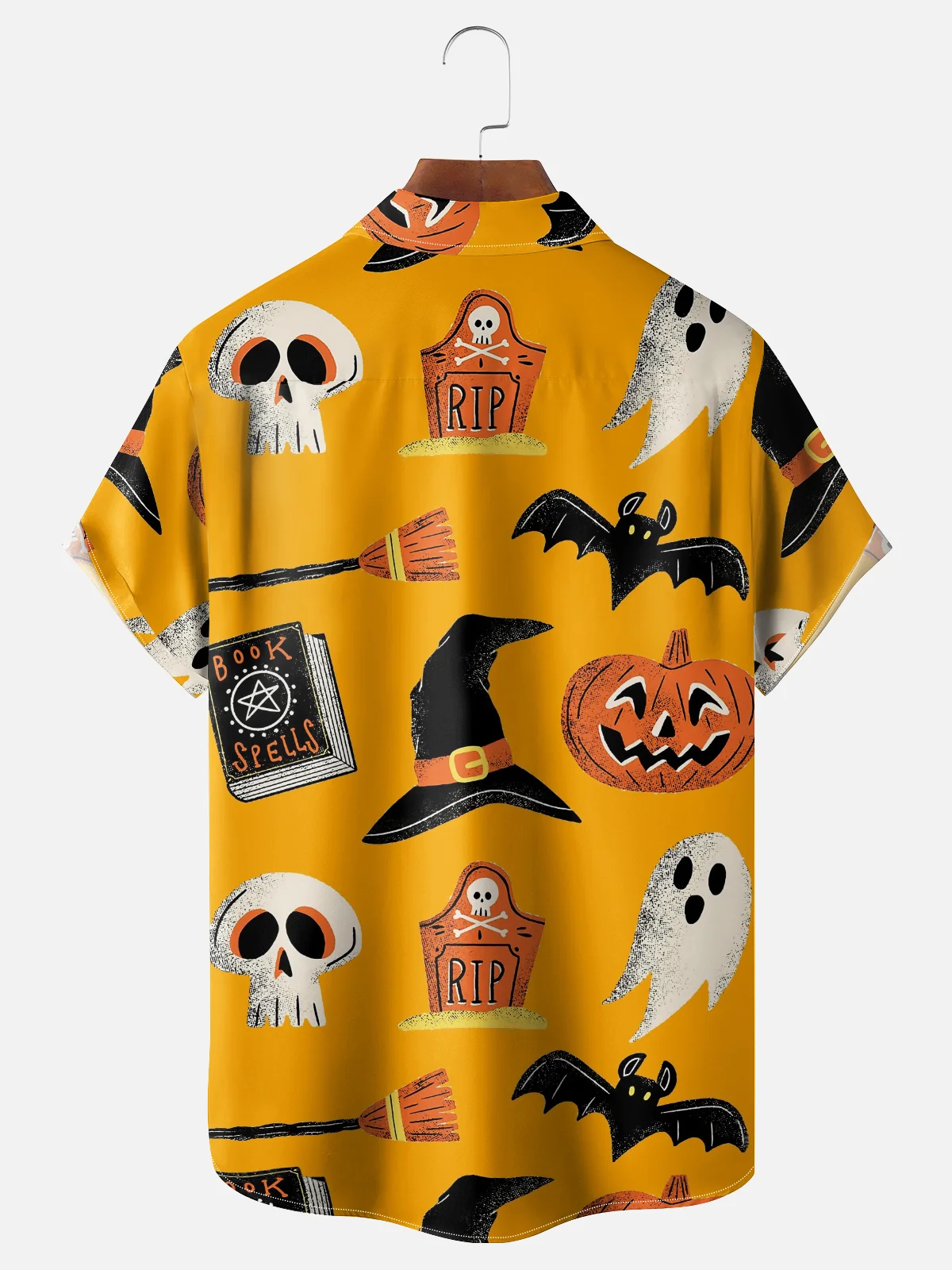 Moisture-Wicking Halloween Hat Pumpkin Skull Chest Pocket Hawaiian Shirt