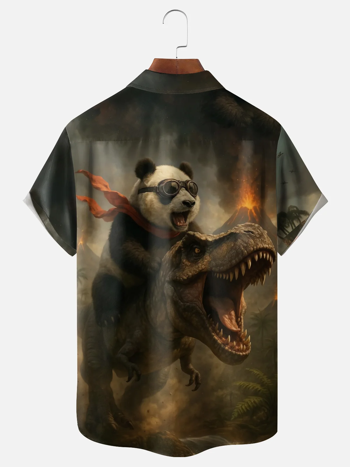 Moisture-wicking Panda Dinosaur Volcano Chest Pocket Casual Shirt
