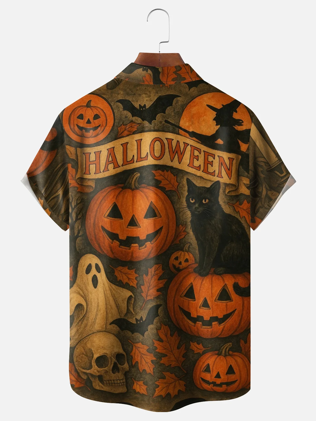 Moisture-wicking Halloween Pumpkin Cat Ghost Chest Pocket Casual Shirt