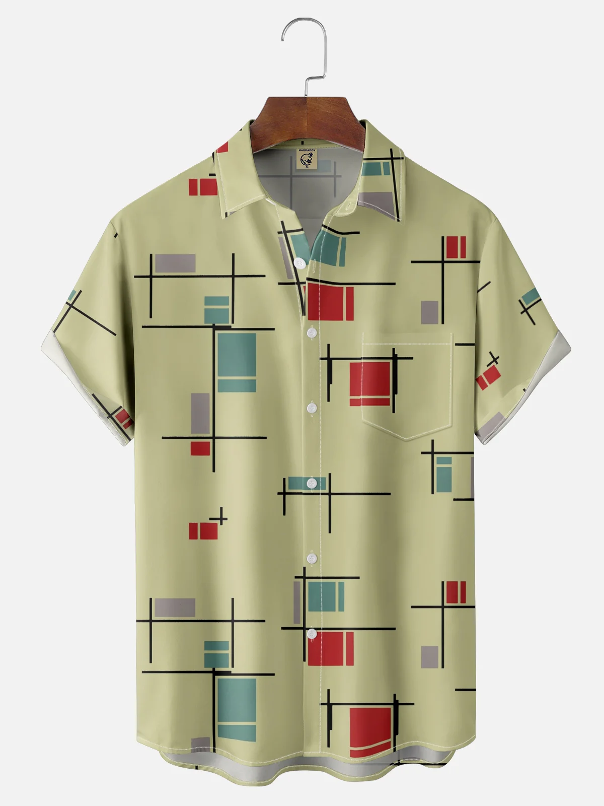 Moisture-Wicking Medieval Geometric Color-Blocked Chest Pocket Hawaiian Shirt