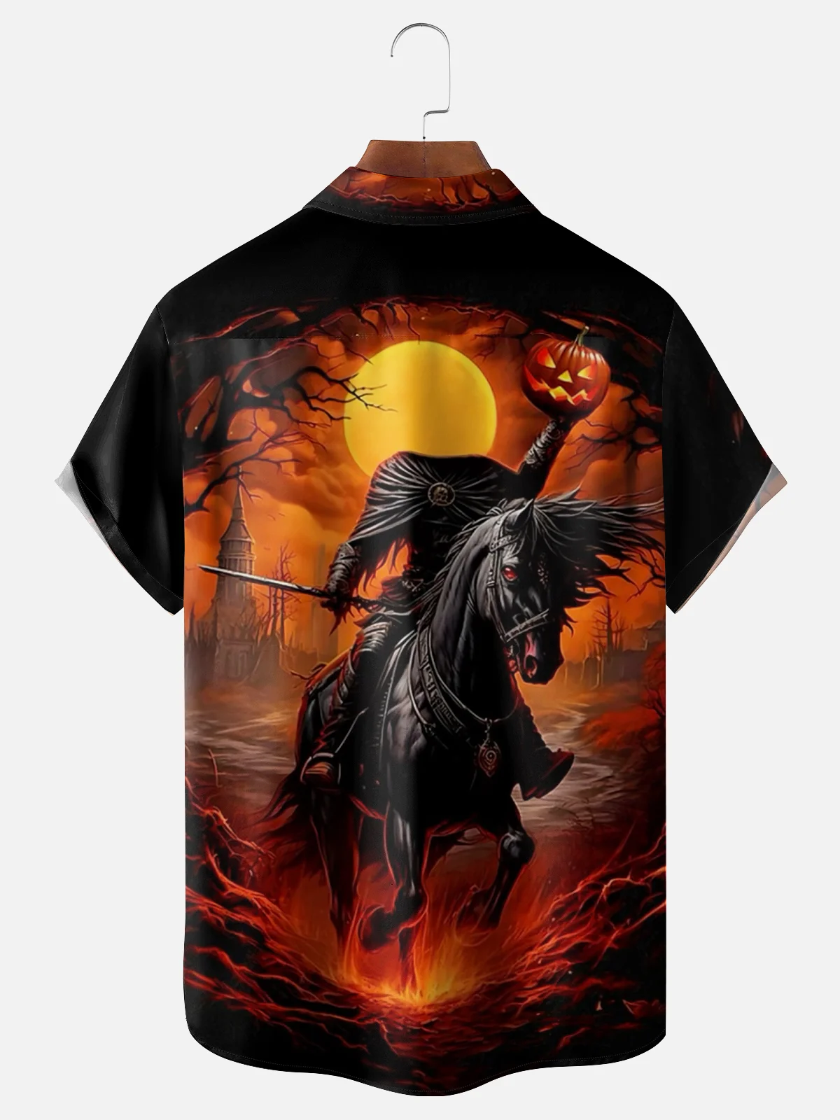 Moisture-wicking Halloween Pumpkin Headless Horseman Chest Pocket Casual Shirt