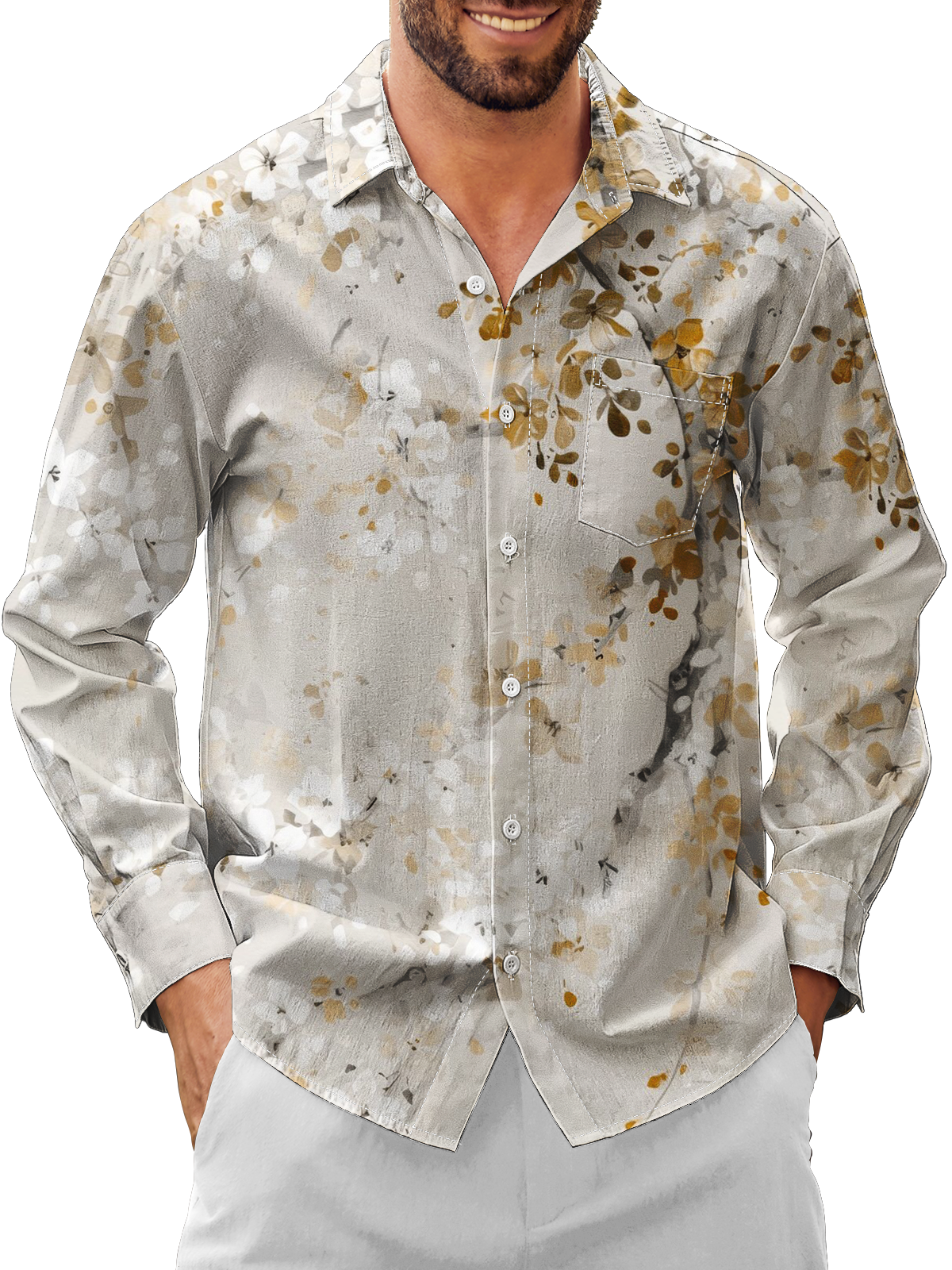 Moisture-Wicking Botanical Floral Chest Pocket Tong Sleeve Hawaiian Shirt