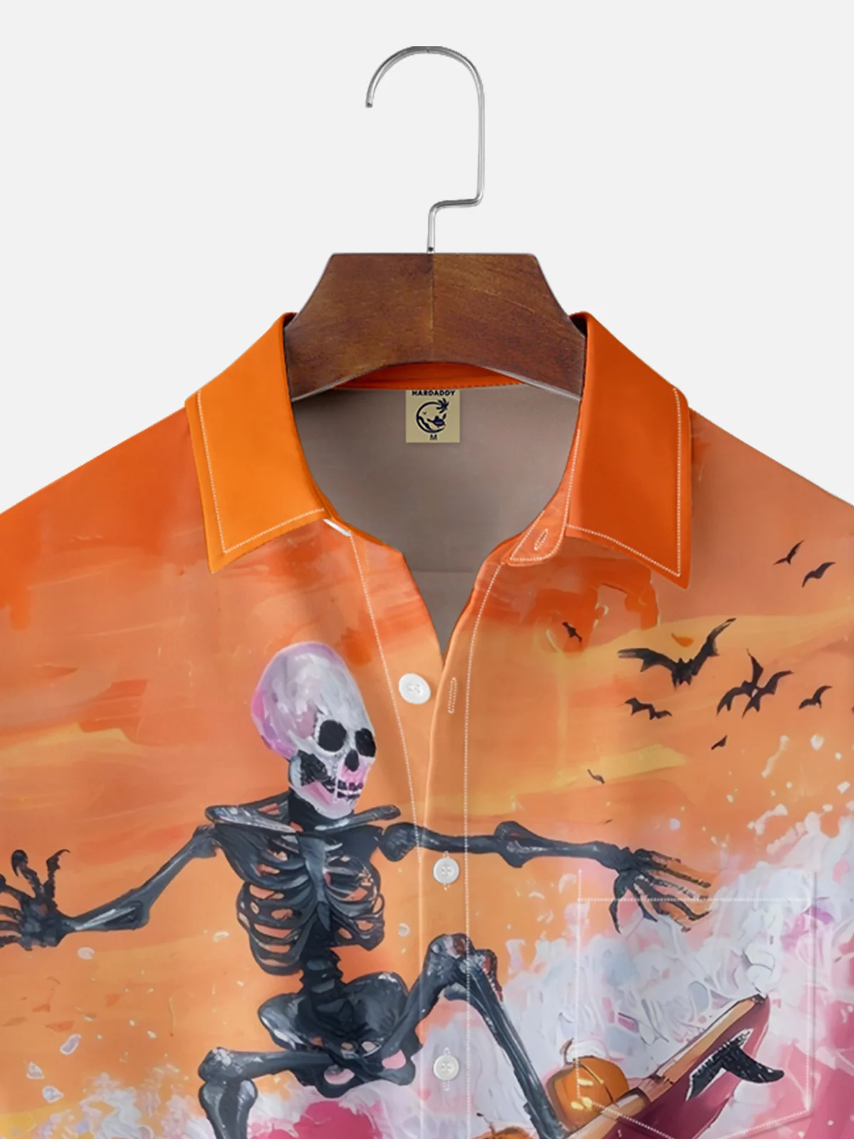 Moisture-Wicking Halloween Pumpkin Skull Surf Chest Pocket Hawaiian Shirt