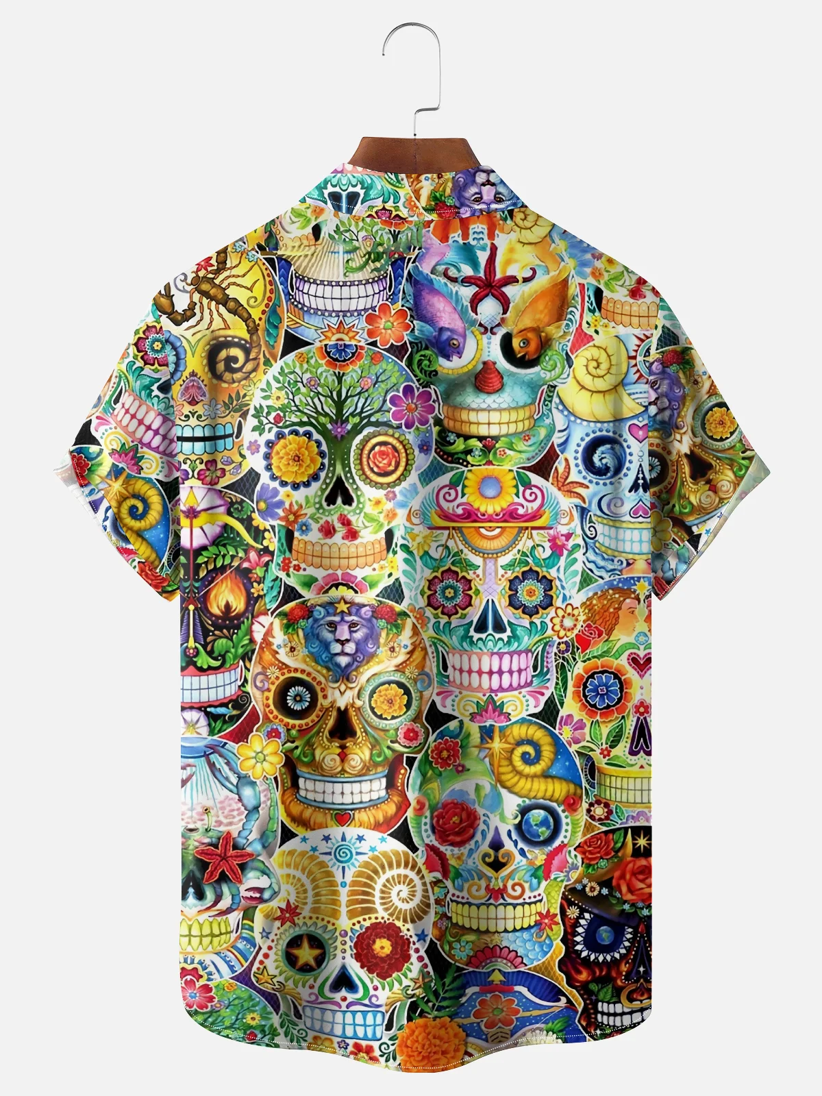 Moisture Wicking Day Of The Dead Skull Floral Chest Pocket Hawaiian Shirt