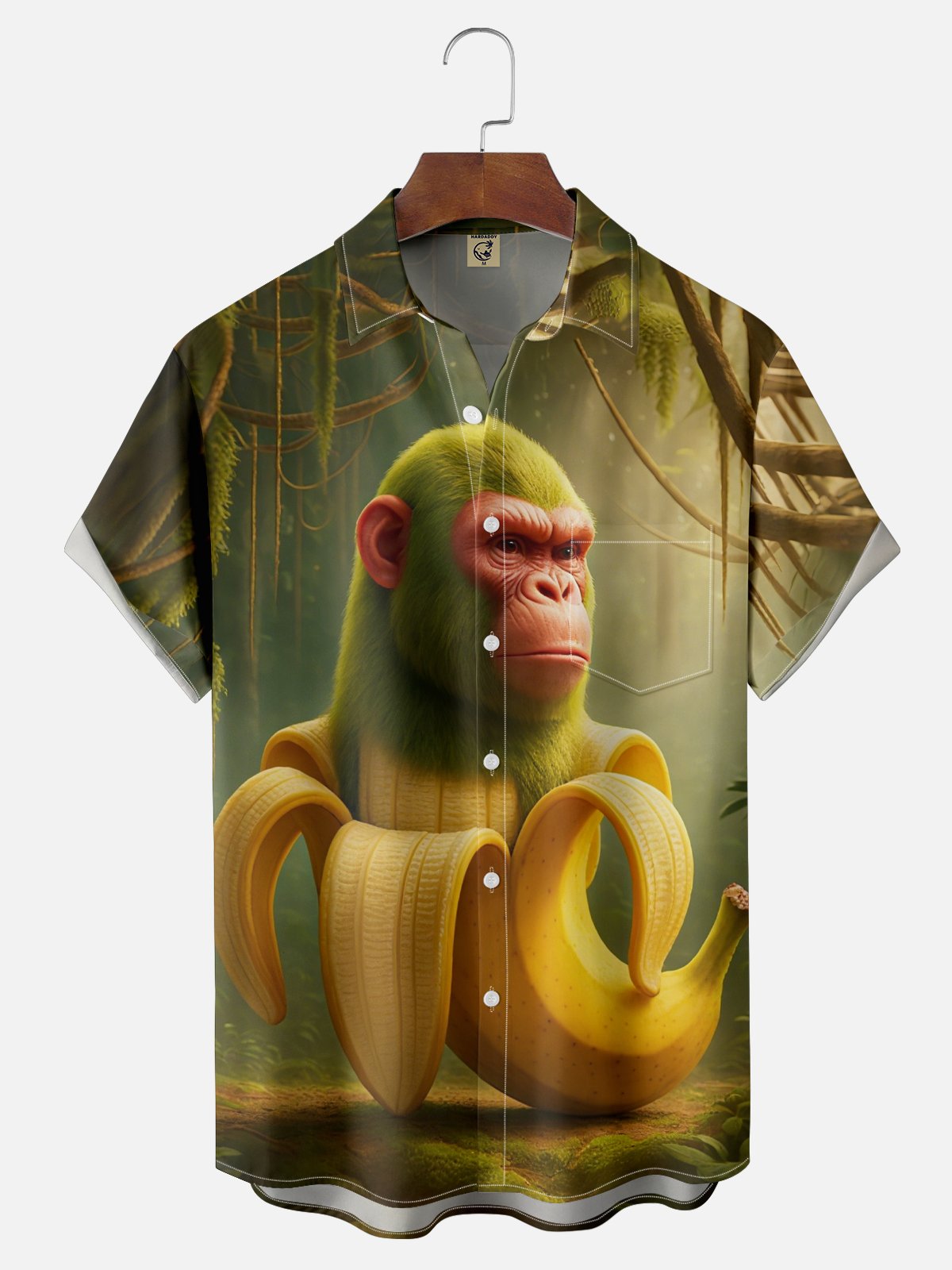 Moisture-wicking Fun "Shimpansinni Bananini" Edgy Chest Pocket Hawaiian Shirt