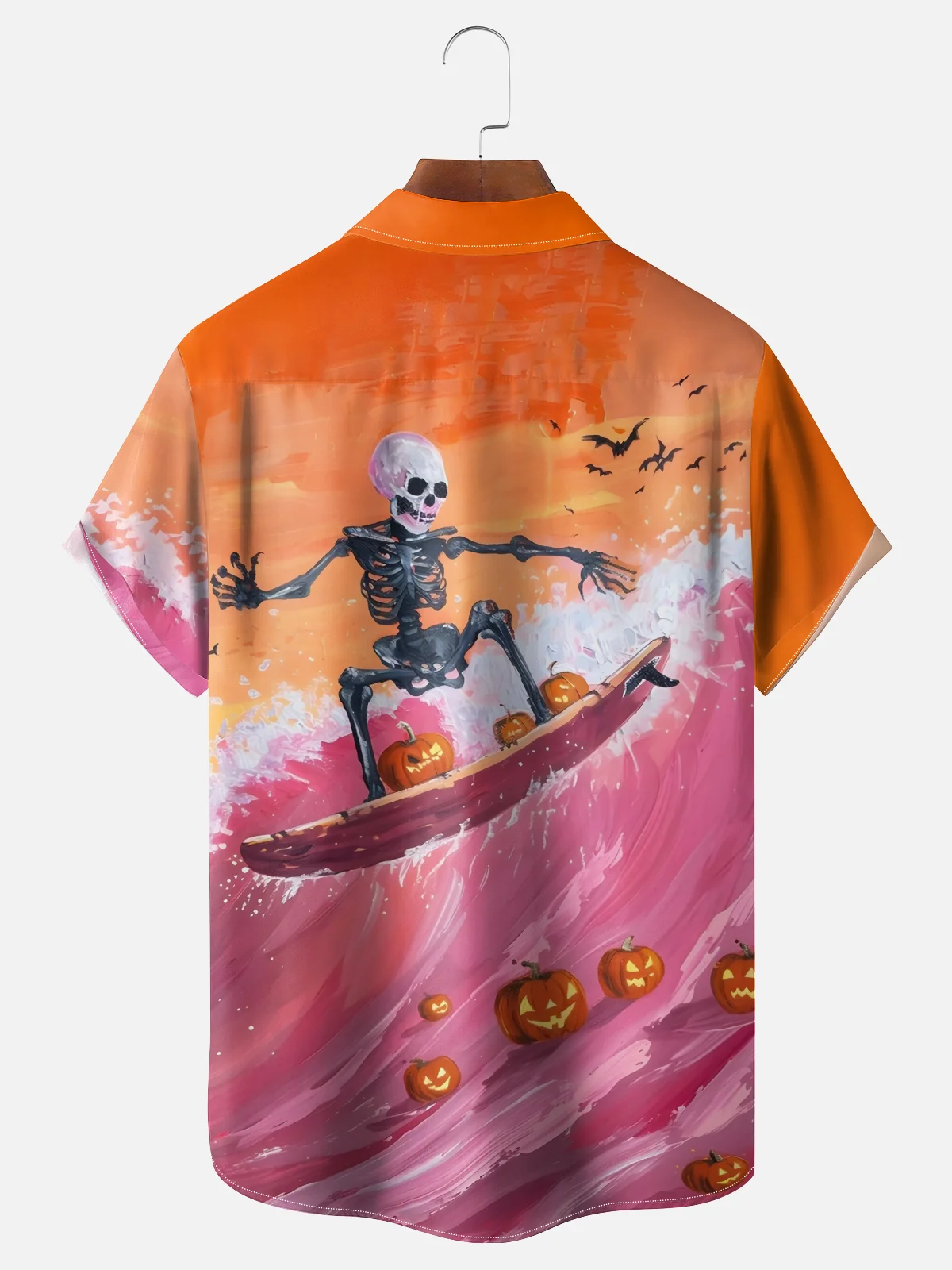 Moisture-Wicking Halloween Pumpkin Skull Surf Chest Pocket Hawaiian Shirt