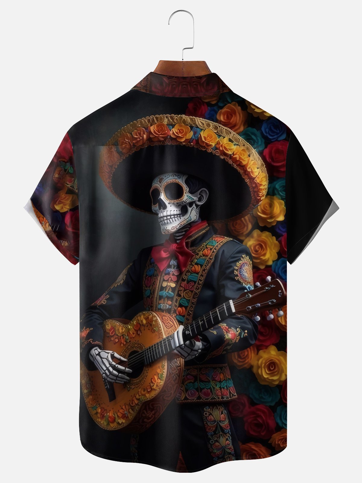 Moisture-wicking Day of the Dead Skull Guitar Fun Chest Pocket Casual Shirt